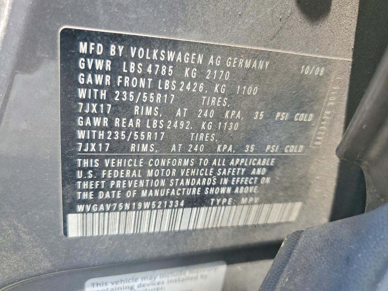 2009 Volkswagen Tiguan S Gray vin: WVGAV75N19W521334