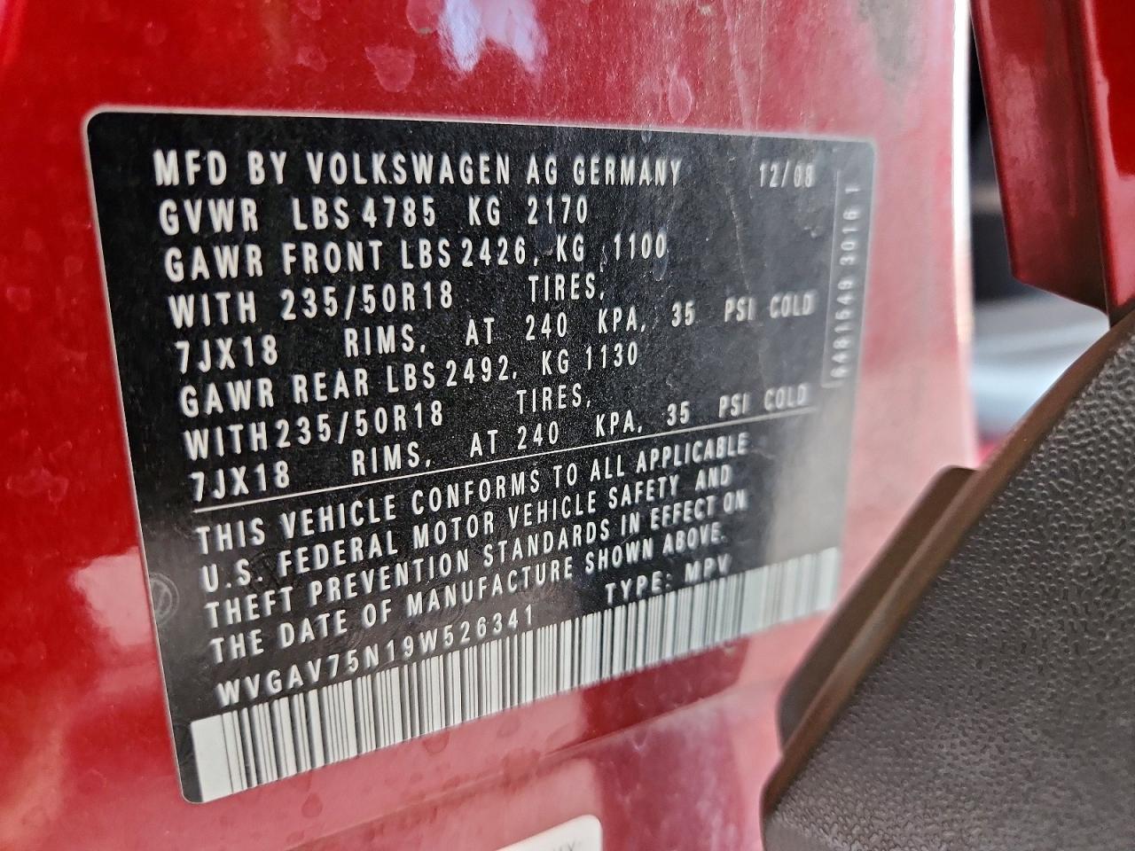 2009 Volkswagen Tiguan S Red vin: WVGAV75N19W526341