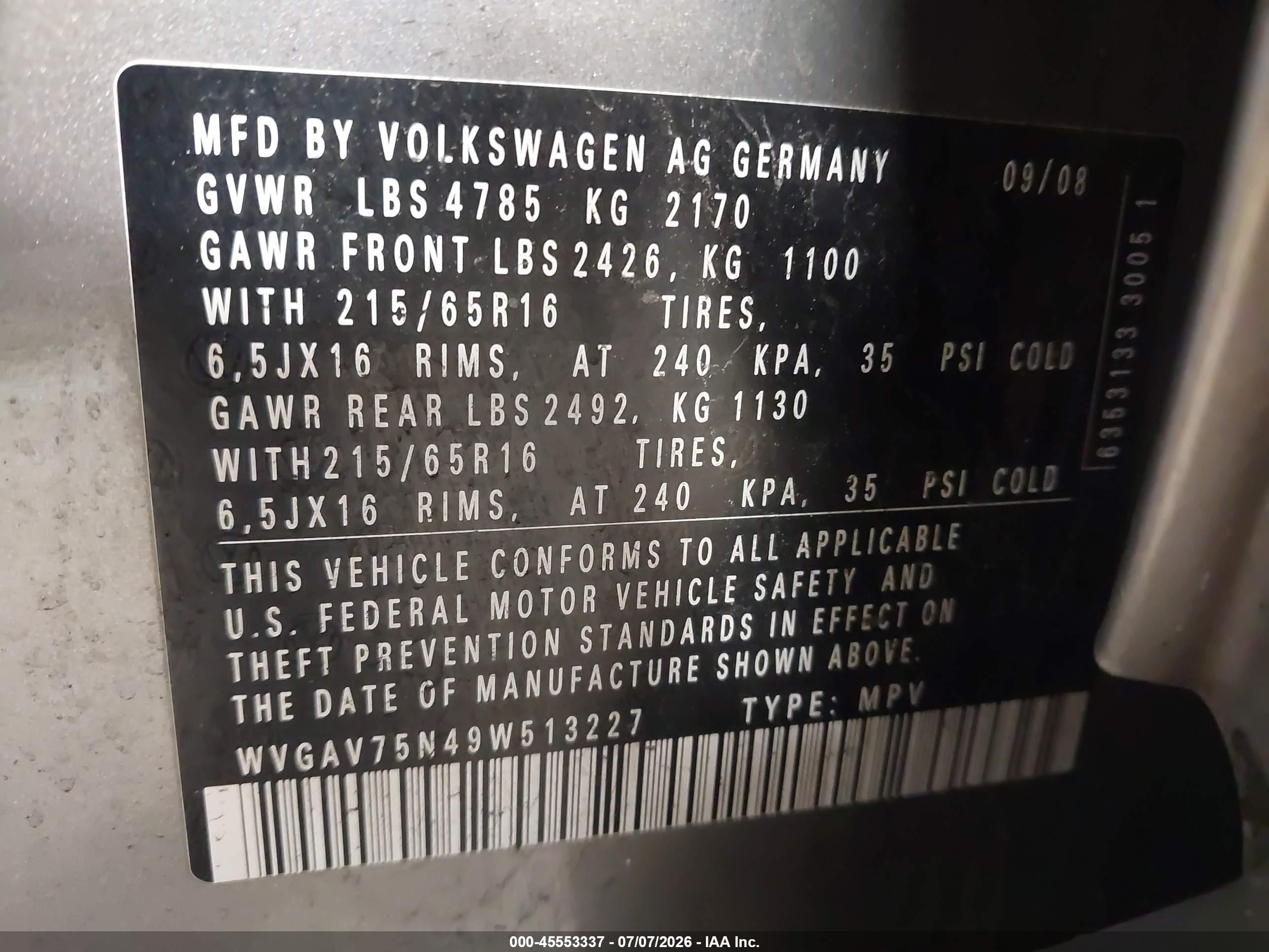 2009 Volkswagen Tiguan S/se/sel Gray vin: WVGAV75N49W513227