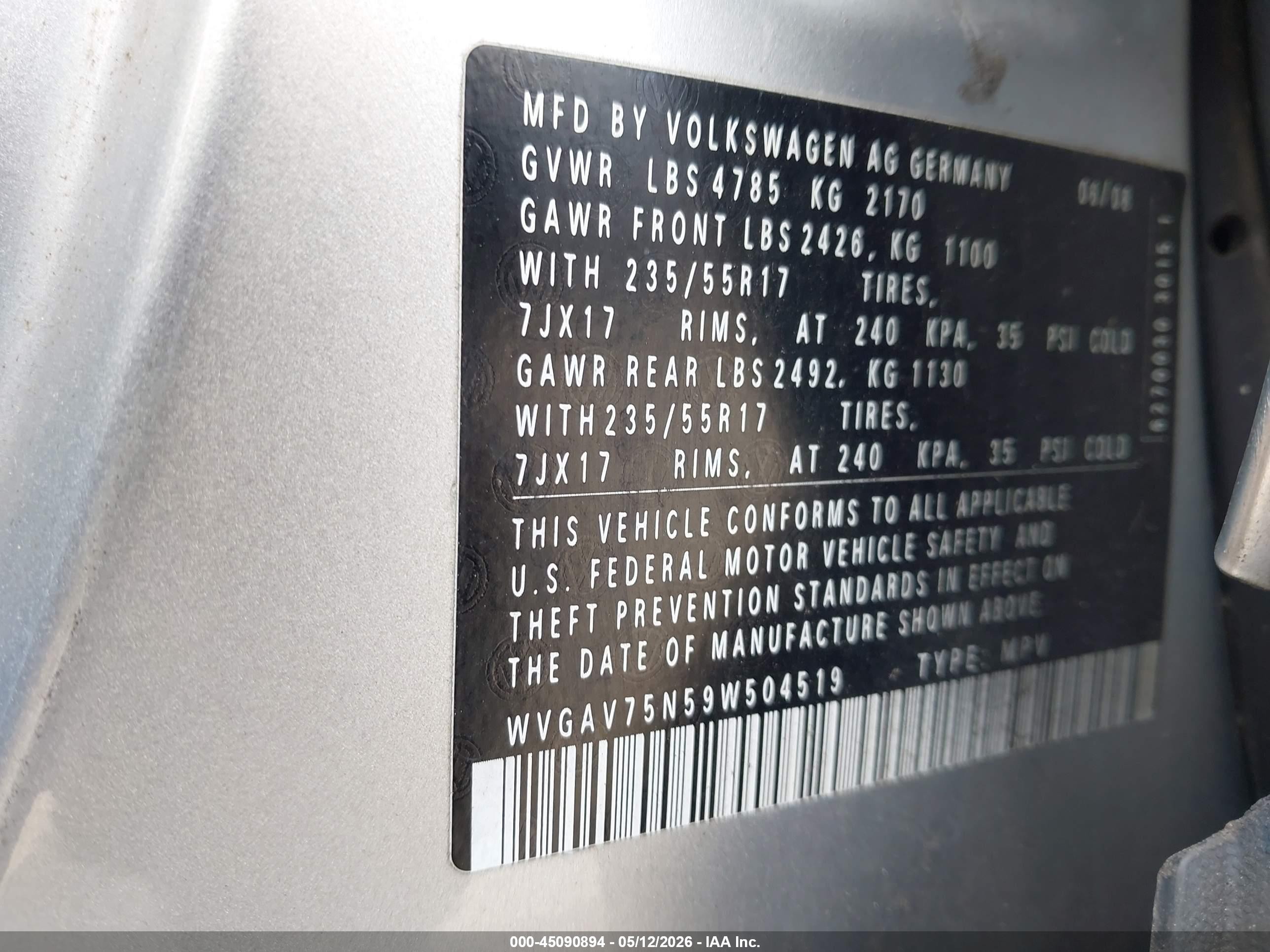 2009 Volkswagen Tiguan S/se/sel Серебряный vin: WVGAV75N59W504519