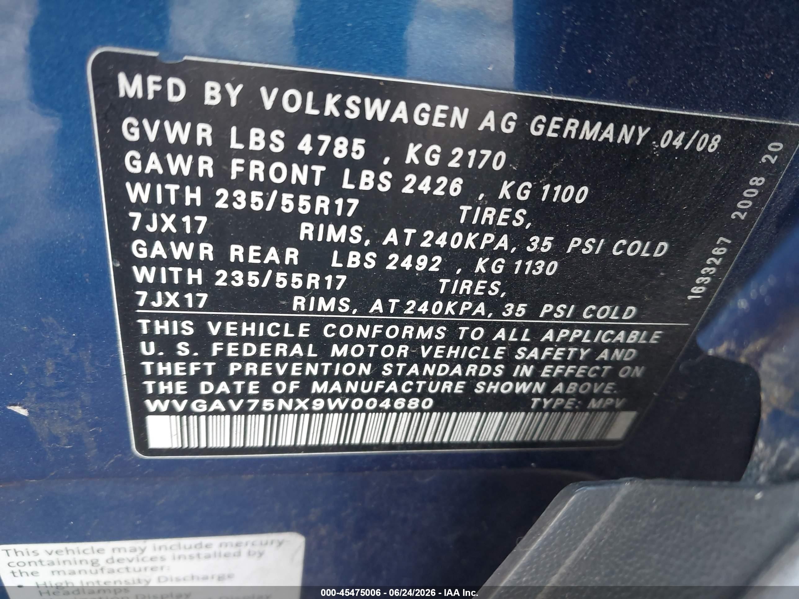 2009 Volkswagen Tiguan S/se/sel Blue vin: WVGAV75NX9W004680