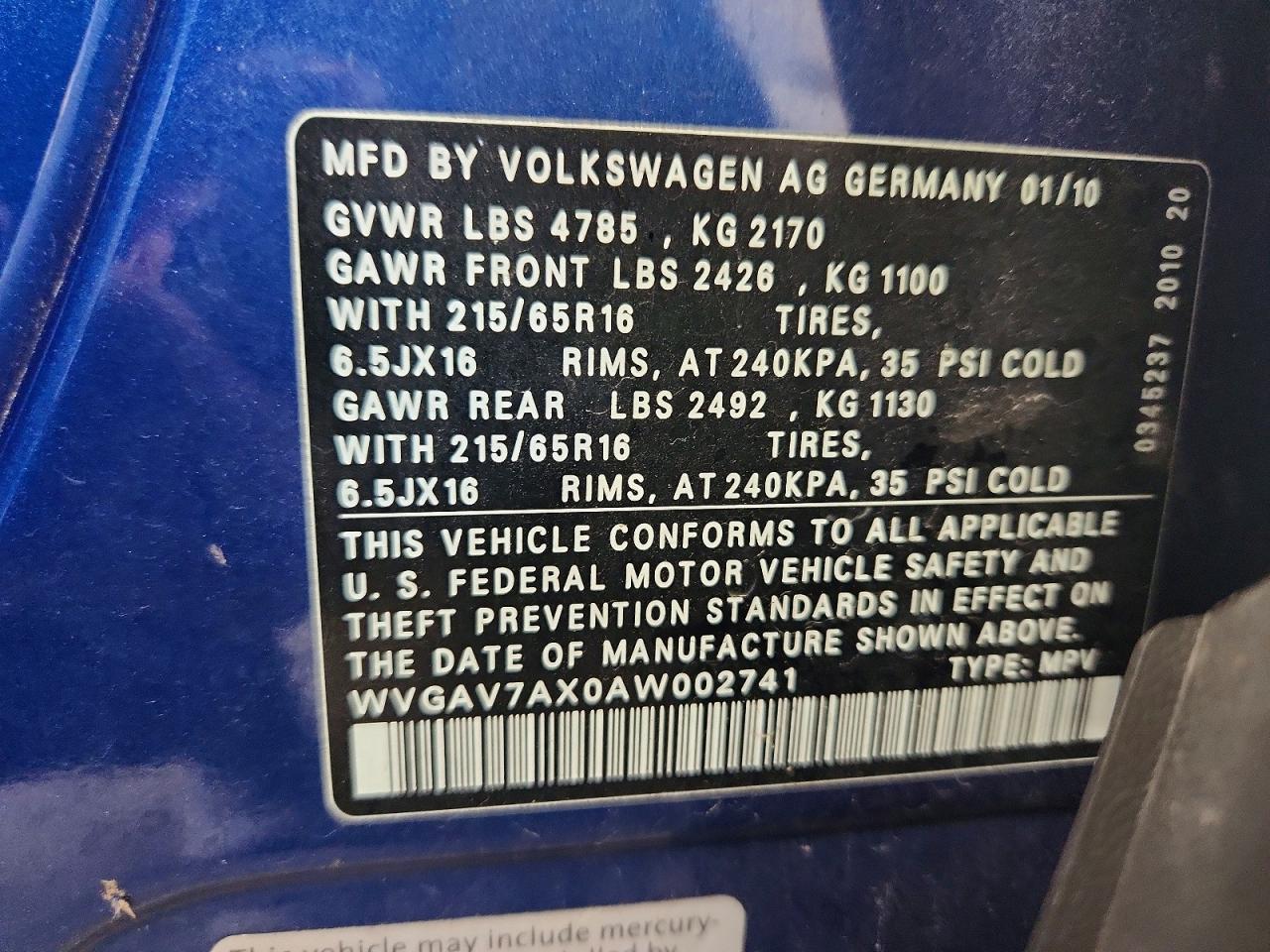2010 Volkswagen Tiguan S Blue vin: WVGAV7AX0AW002741