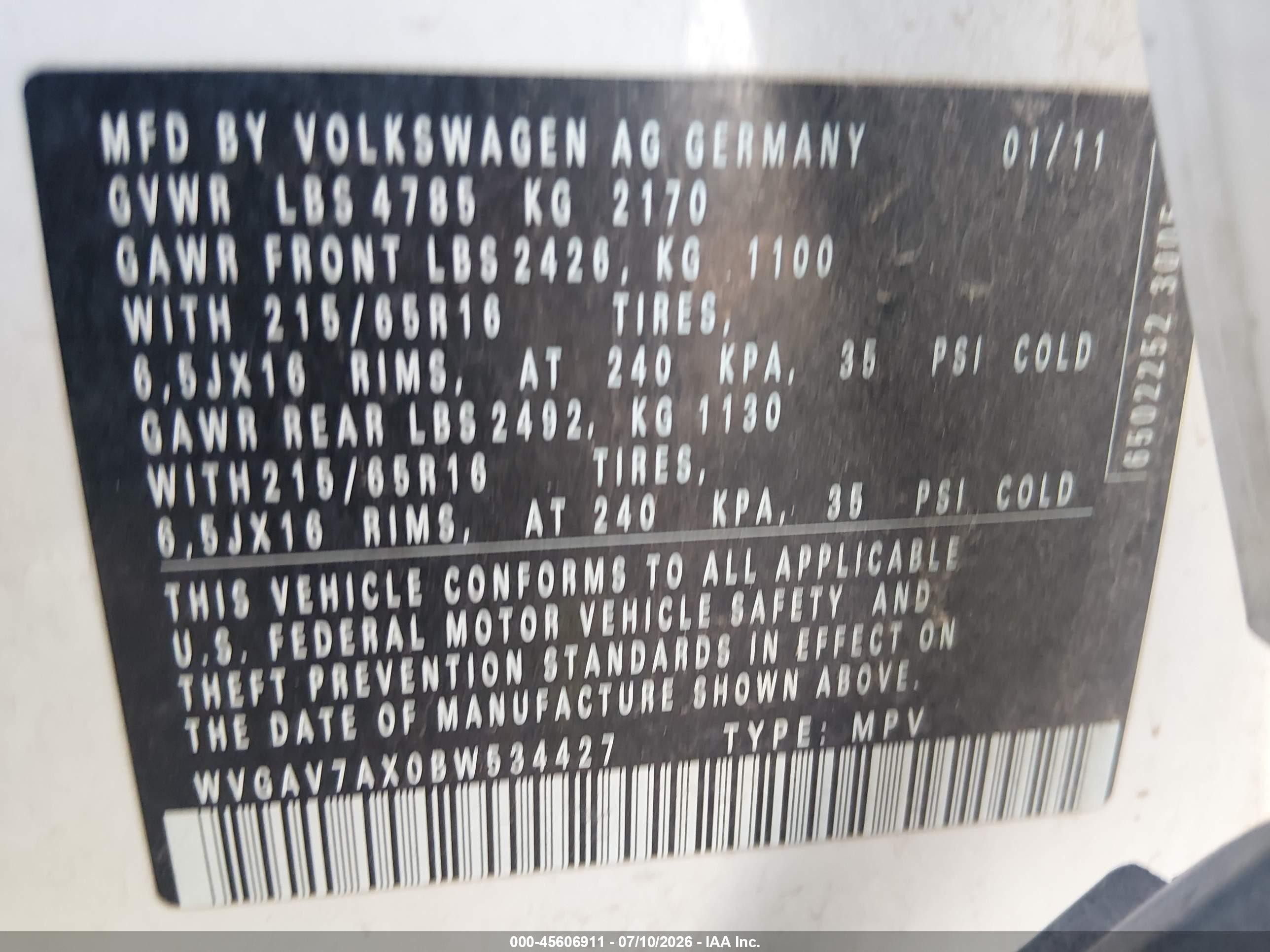 2011 Volkswagen Tiguan S White vin: WVGAV7AX0BW534427