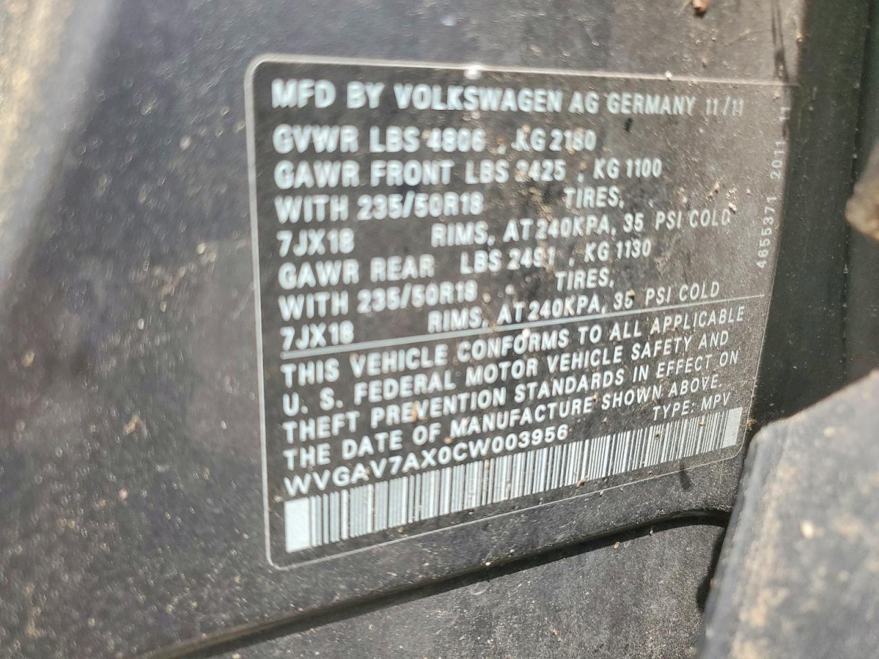 2012 Volkswagen Tiguan S Green vin: WVGAV7AX0CW003956