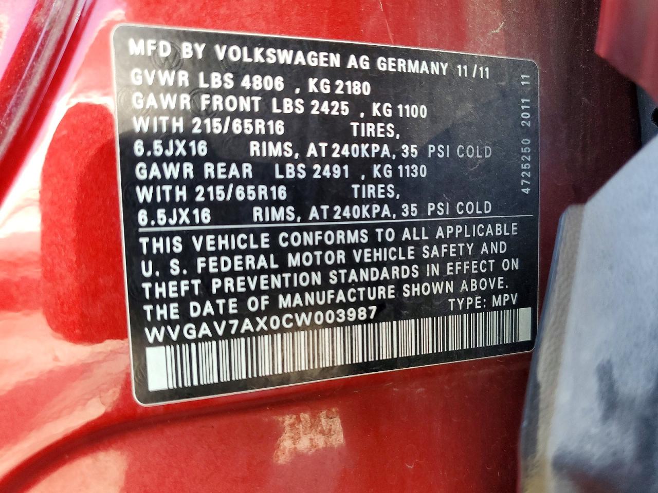 2012 Volkswagen Tiguan S Burgundy vin: WVGAV7AX0CW003987