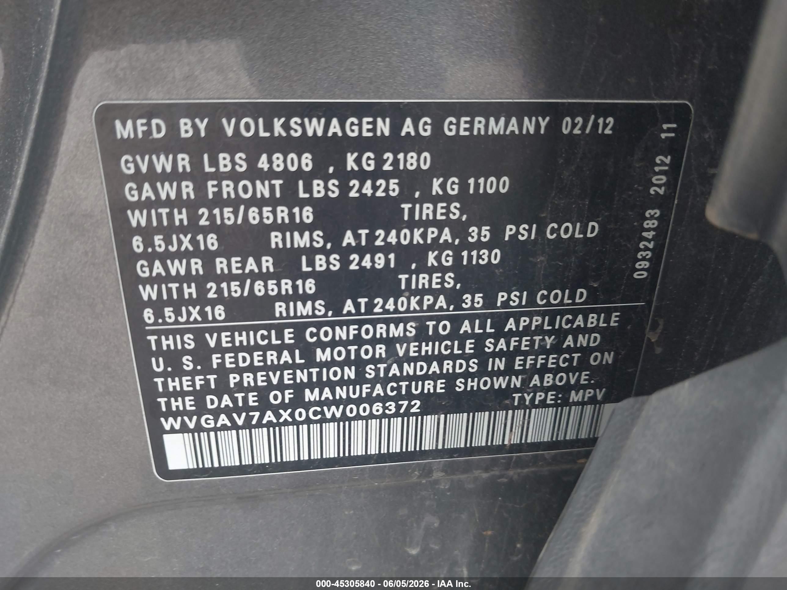 2012 Volkswagen Tiguan S Gray vin: WVGAV7AX0CW006372