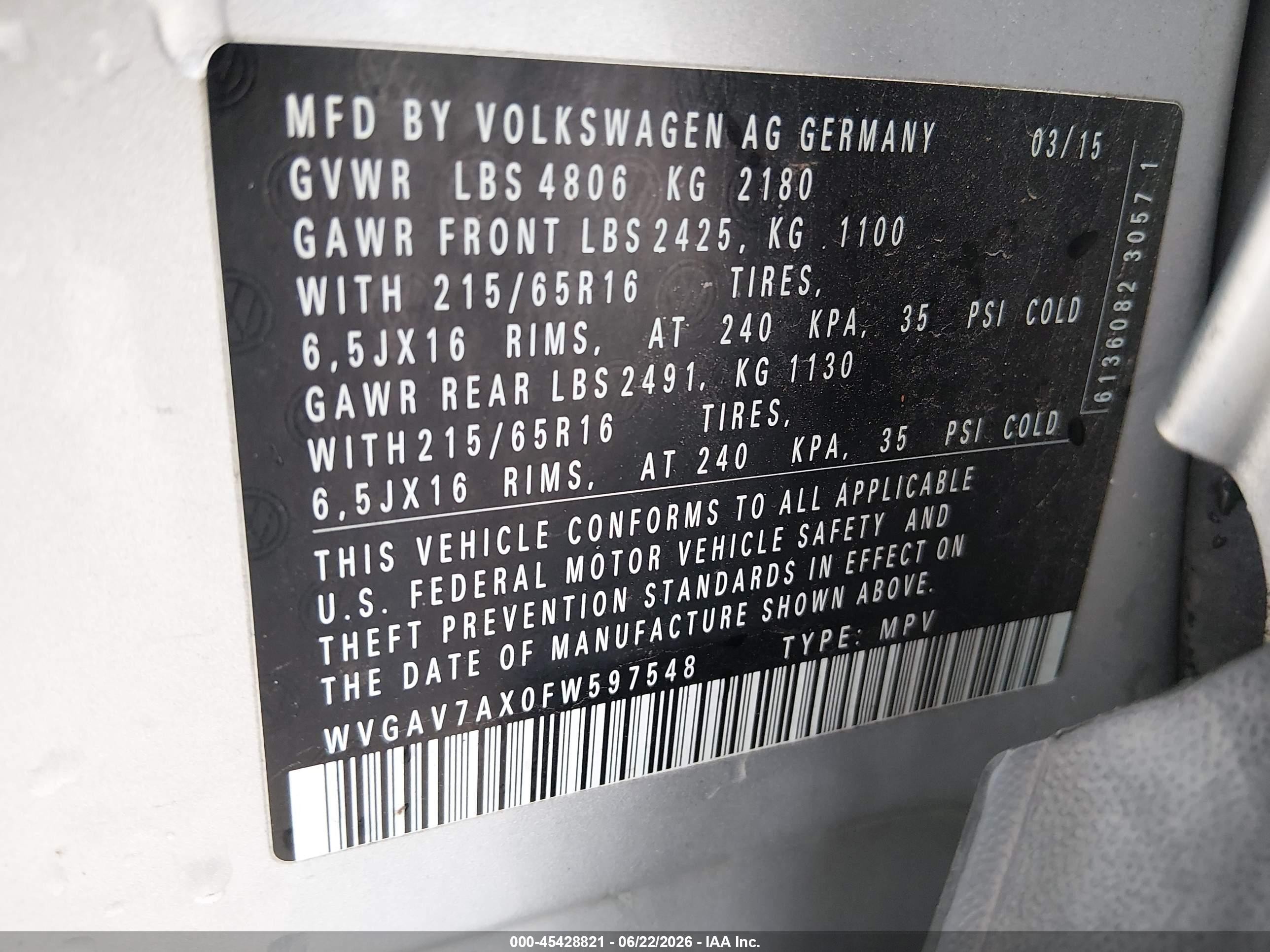2015 Volkswagen Tiguan S Silver vin: WVGAV7AX0FW597548