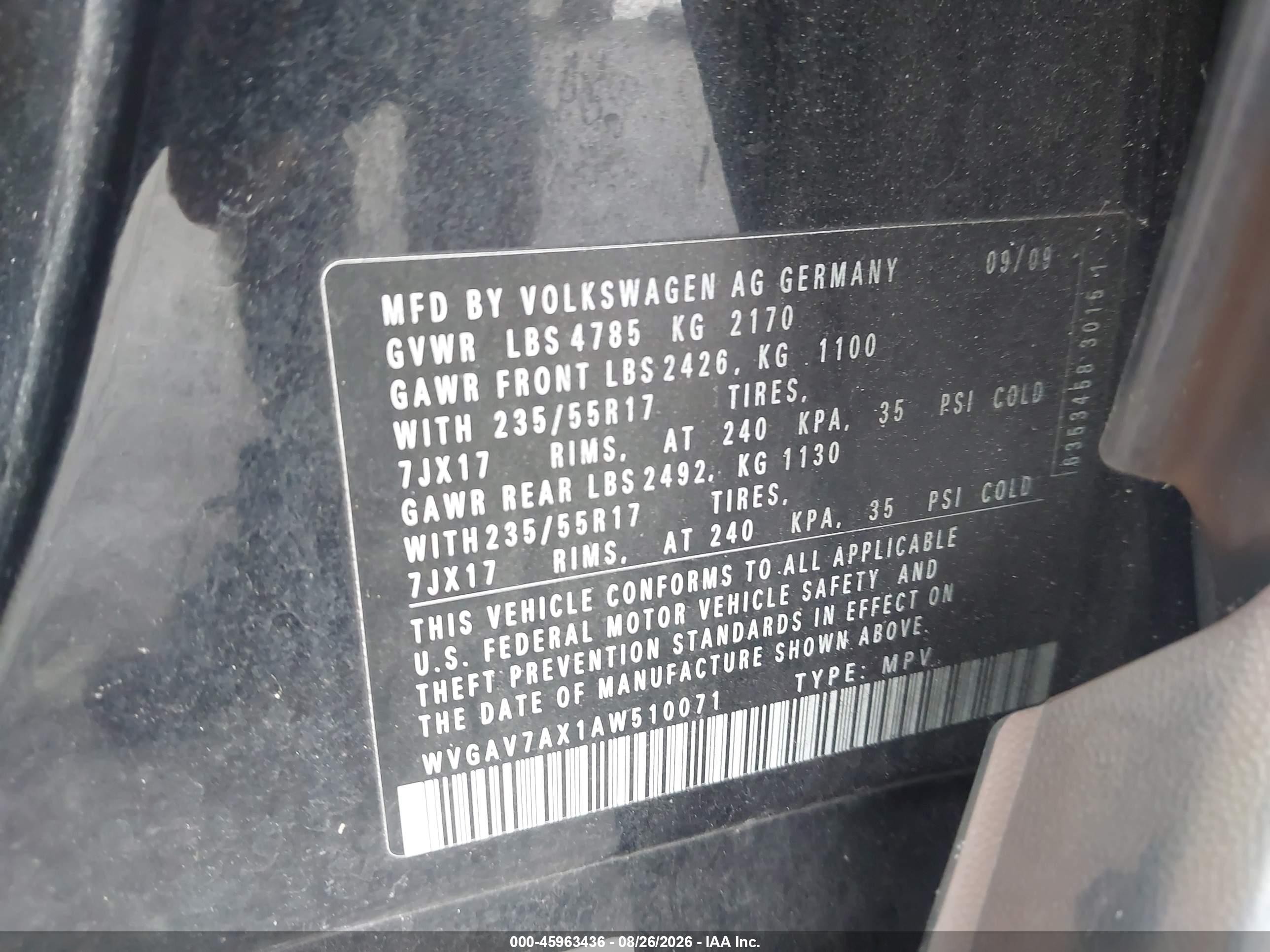 2010 Volkswagen Tiguan Se Black vin: WVGAV7AX1AW510071