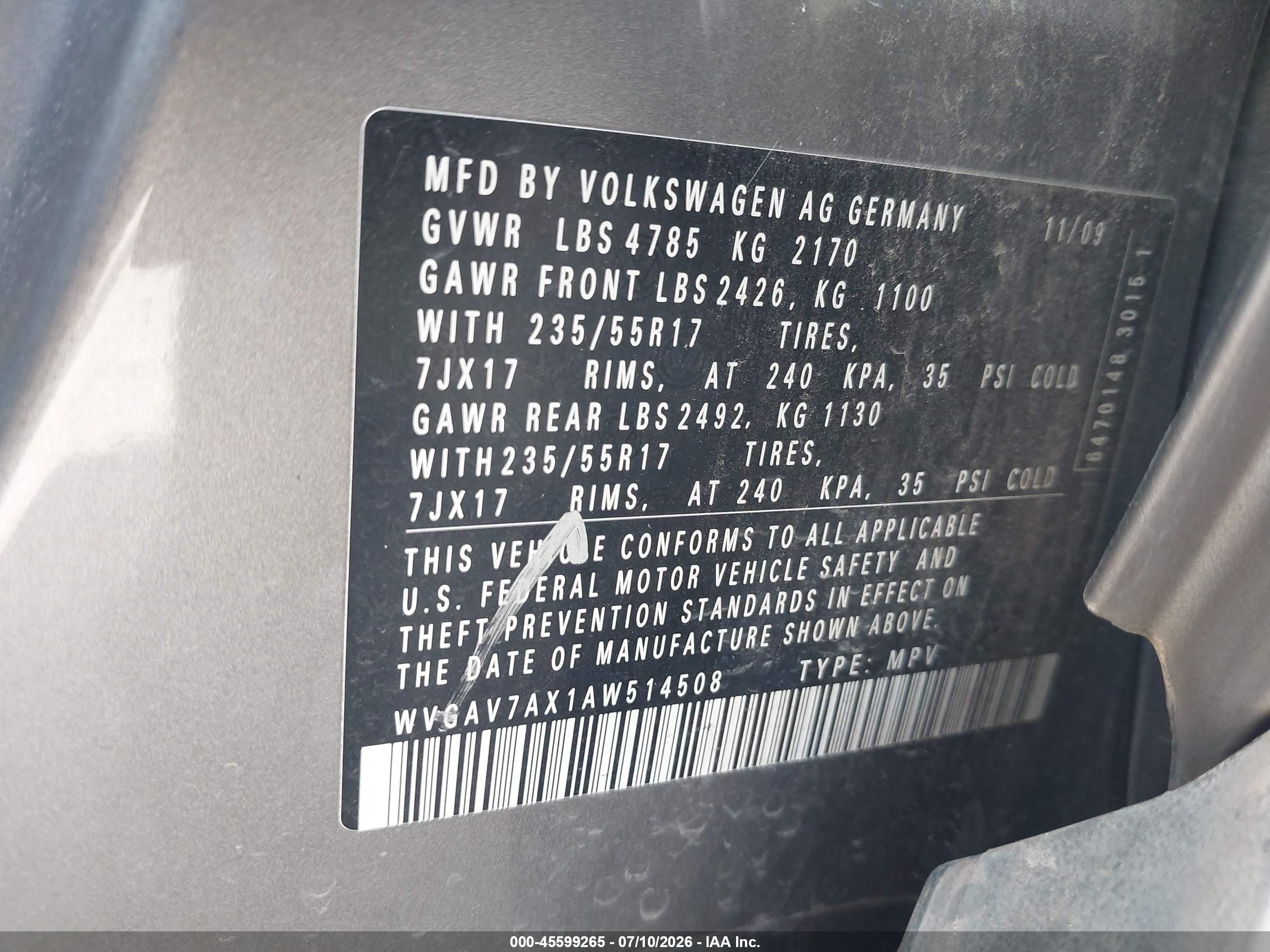 2010 Volkswagen Tiguan S Gray vin: WVGAV7AX1AW514508