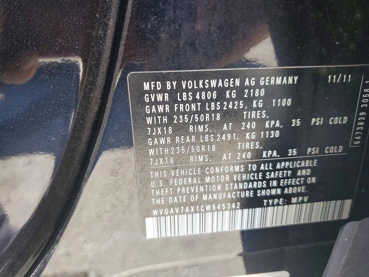 2012 Volkswagen Tiguan S Black vin: WVGAV7AX1CW545342