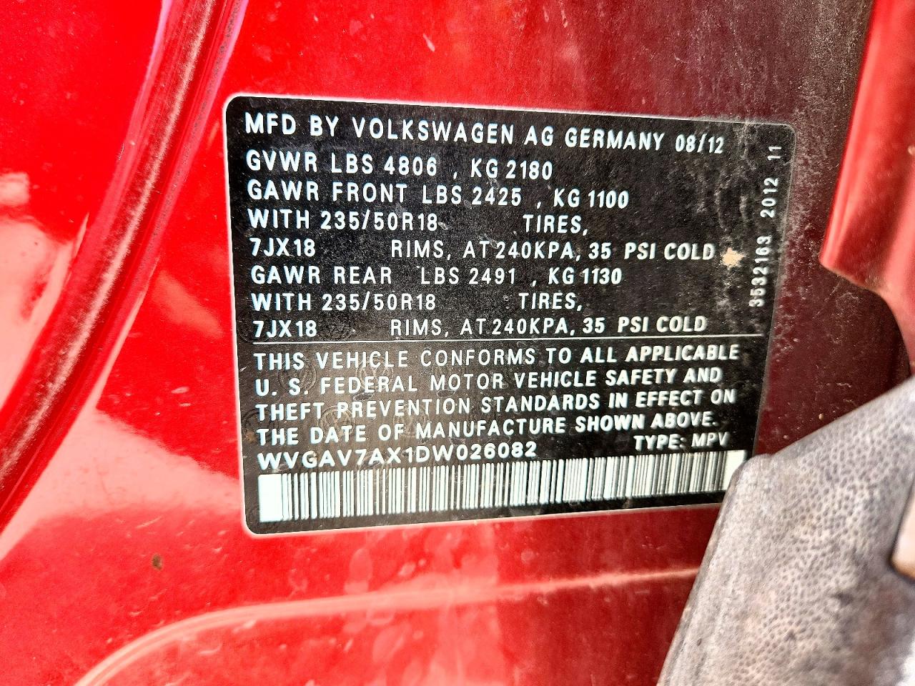 2013 Volkswagen Tiguan S Red vin: WVGAV7AX1DW026082