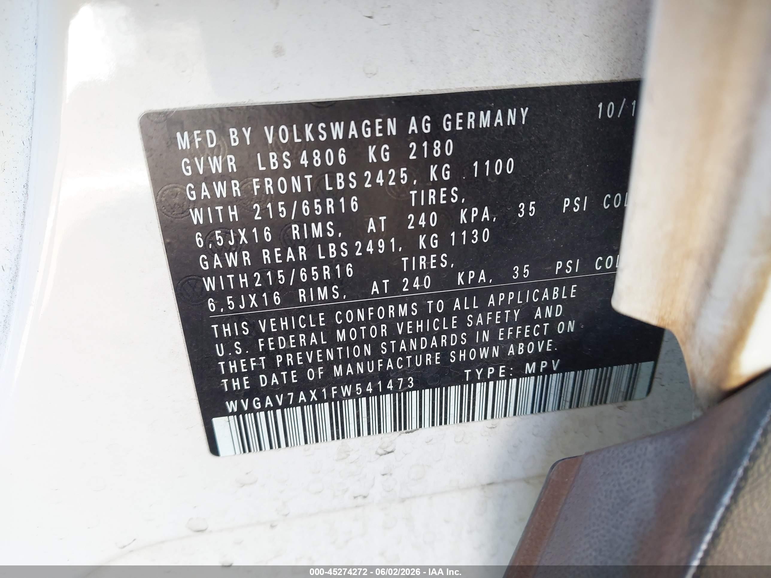 2015 Volkswagen Tiguan S White vin: WVGAV7AX1FW541473