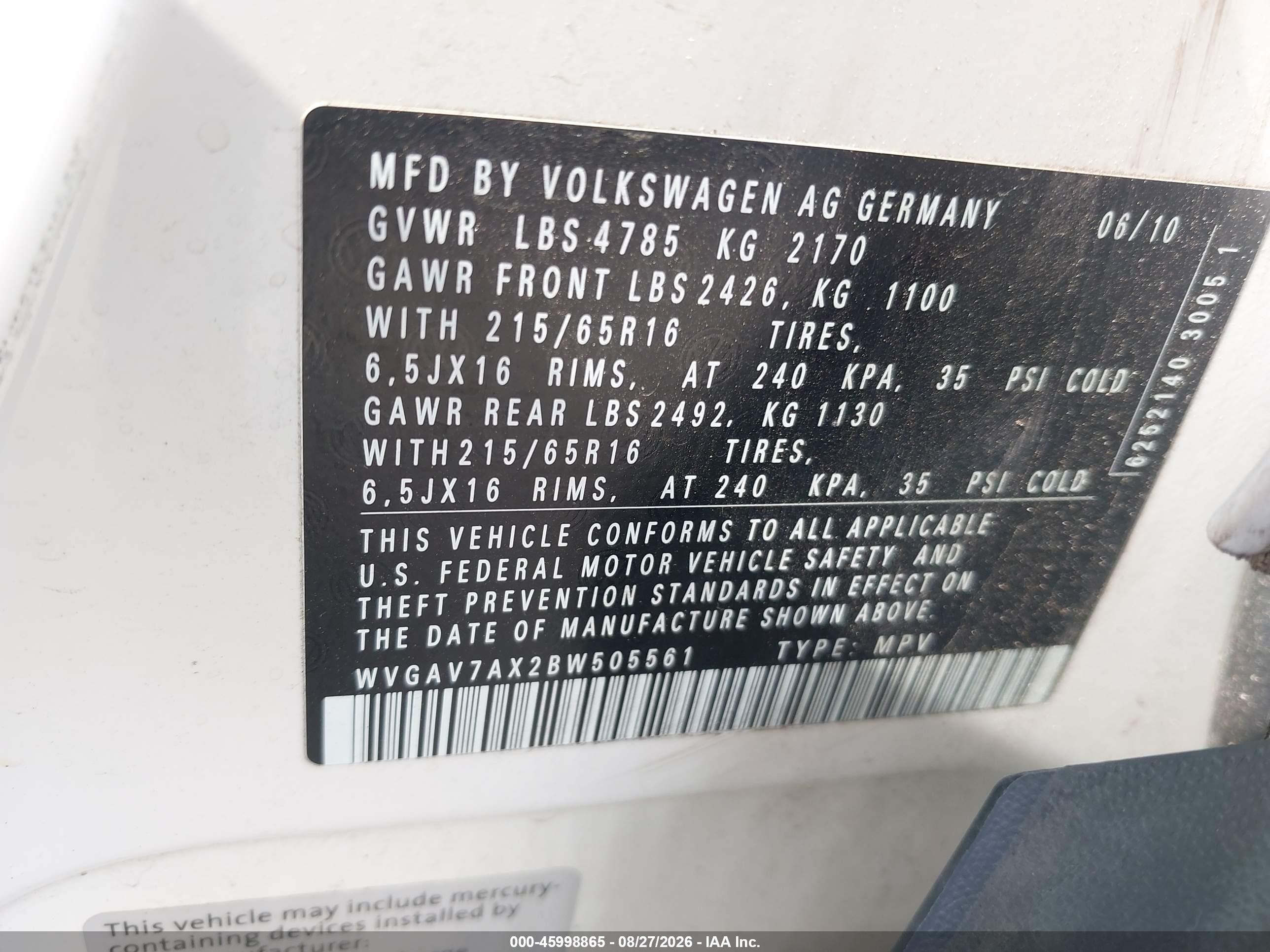 2011 Volkswagen Tiguan S White vin: WVGAV7AX2BW505561