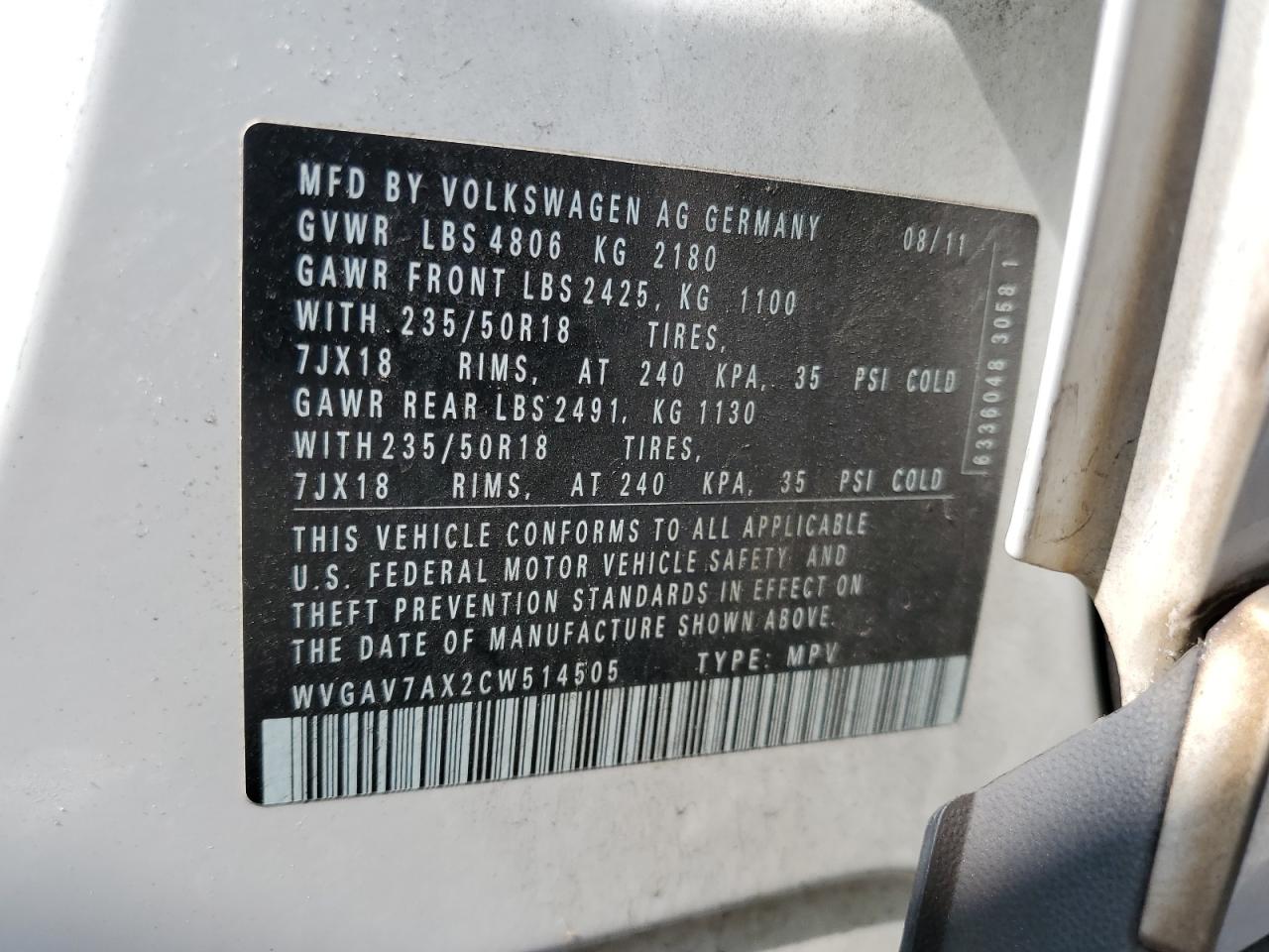 2012 Volkswagen Tiguan S White vin: WVGAV7AX2CW514505