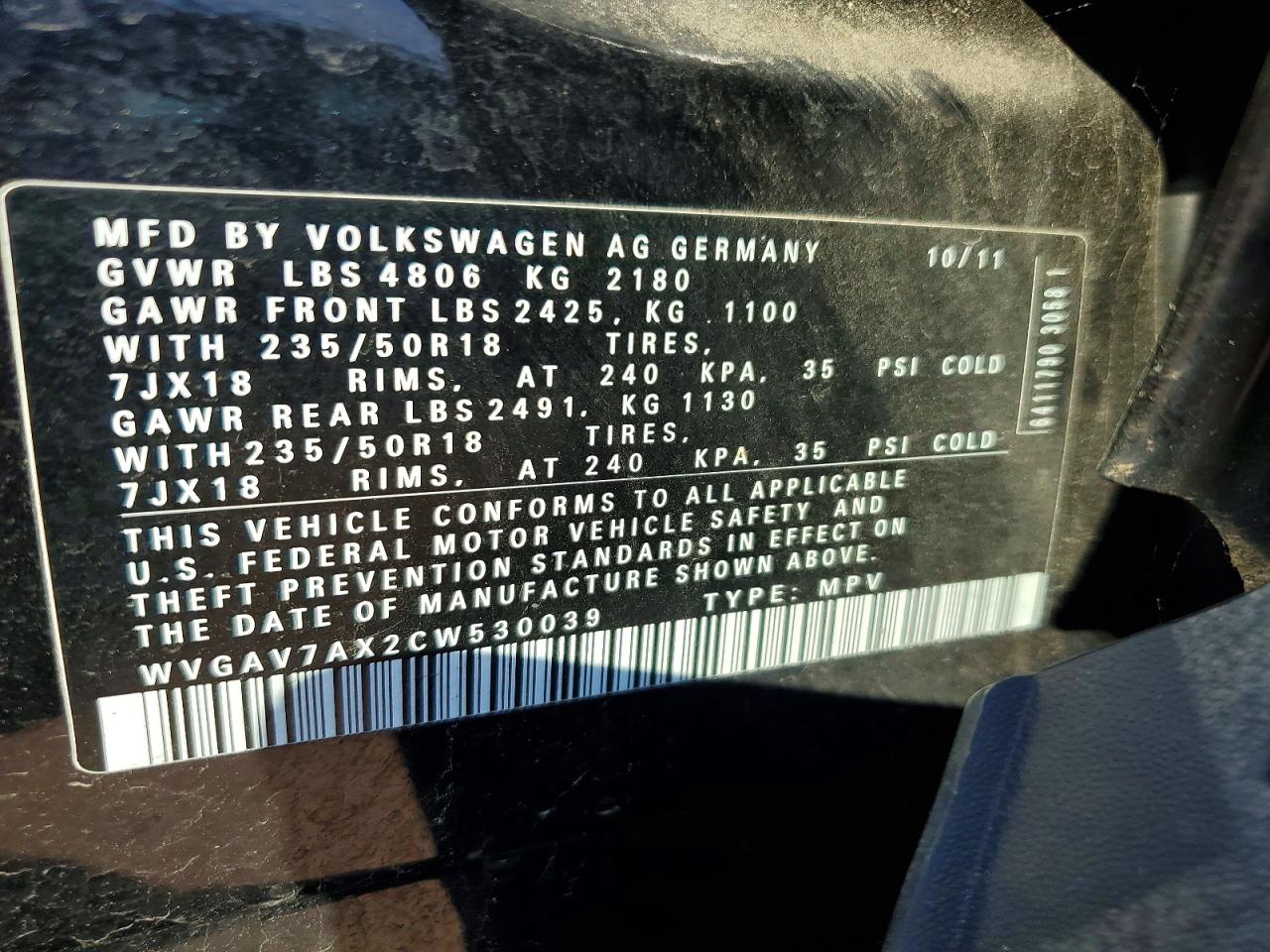 2012 Volkswagen Tiguan S Черный vin: WVGAV7AX2CW530039
