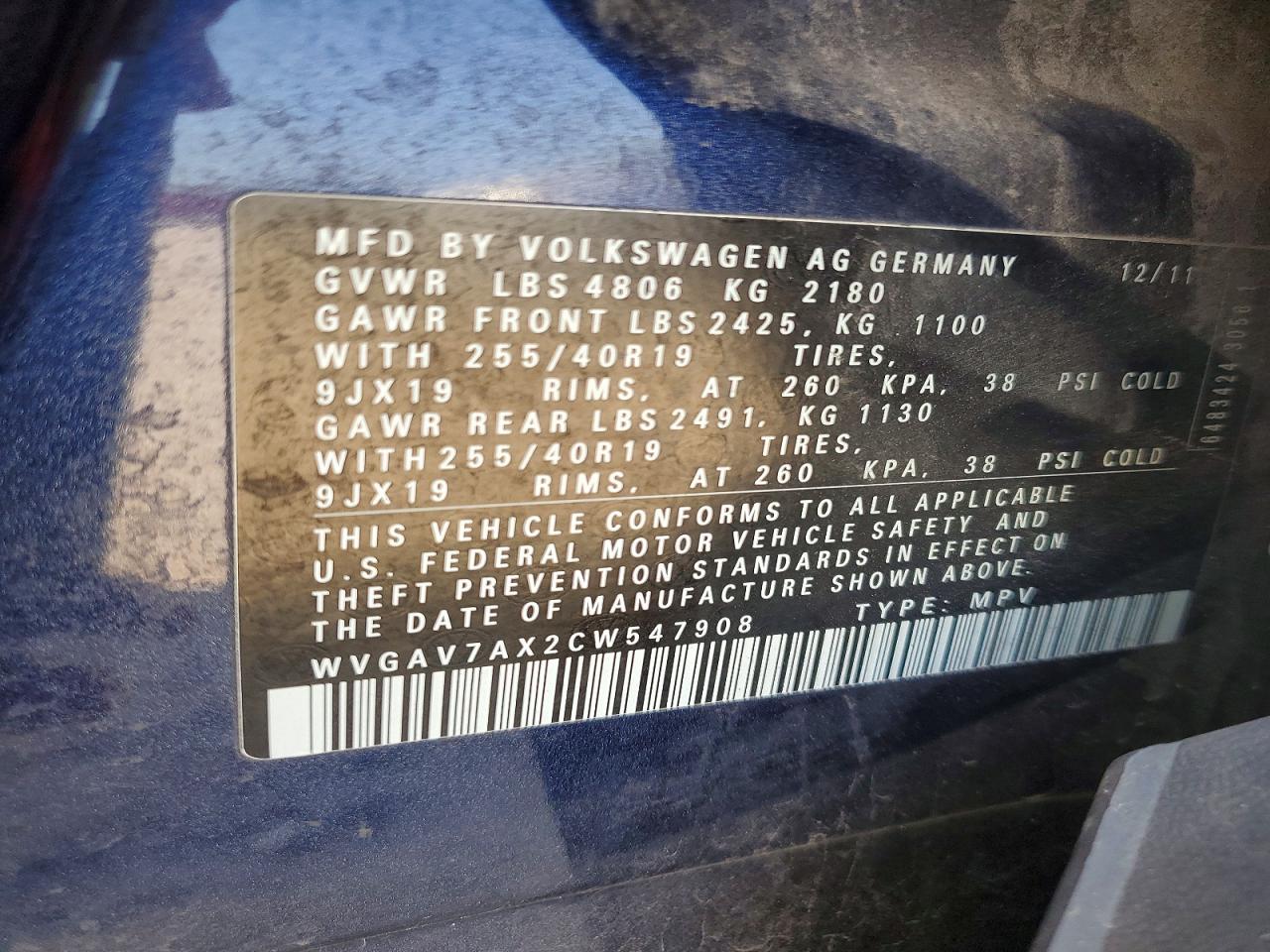 2012 Volkswagen Tiguan S Blue vin: WVGAV7AX2CW547908
