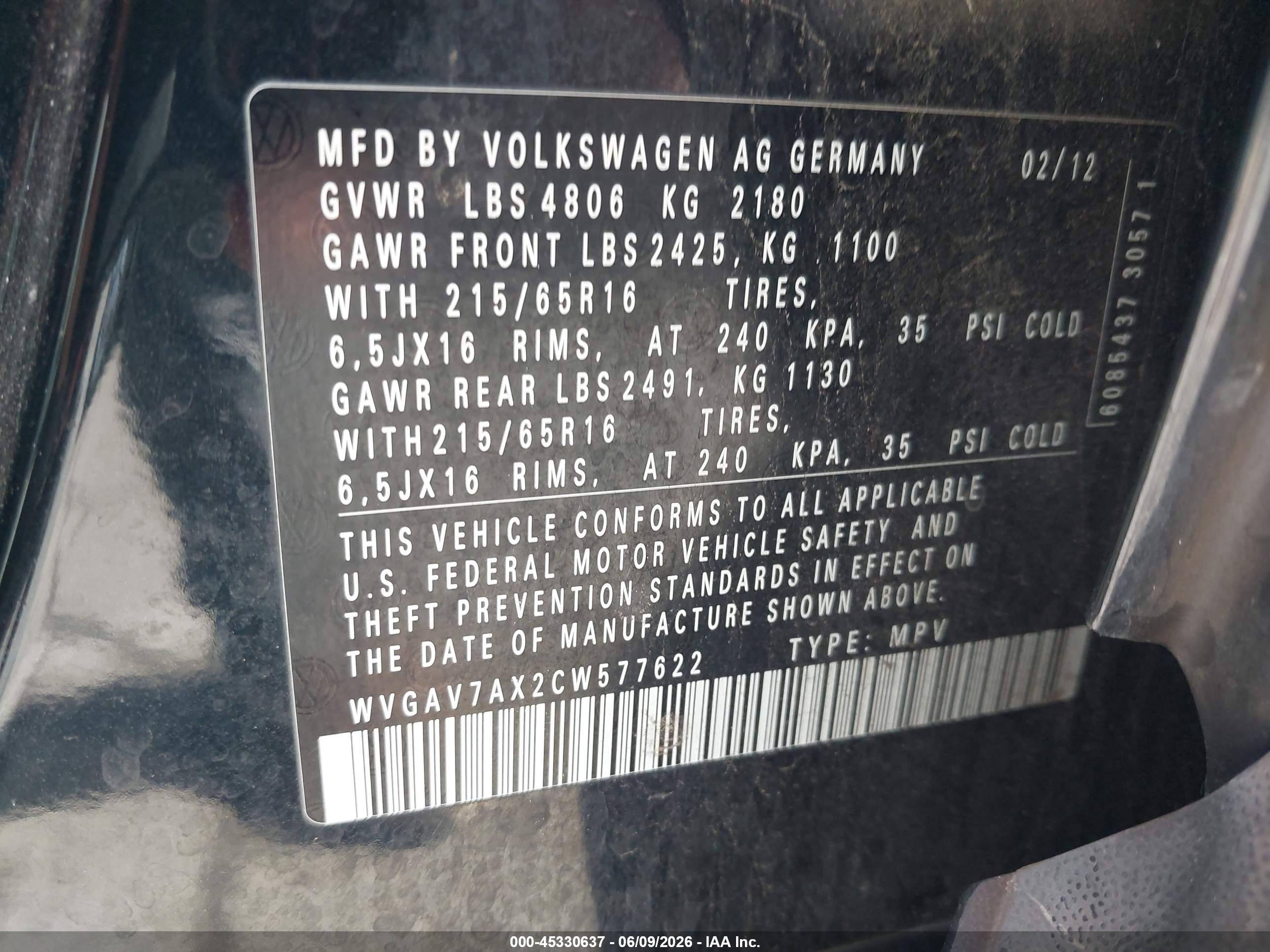 2012 Volkswagen Tiguan Le Black vin: WVGAV7AX2CW577622