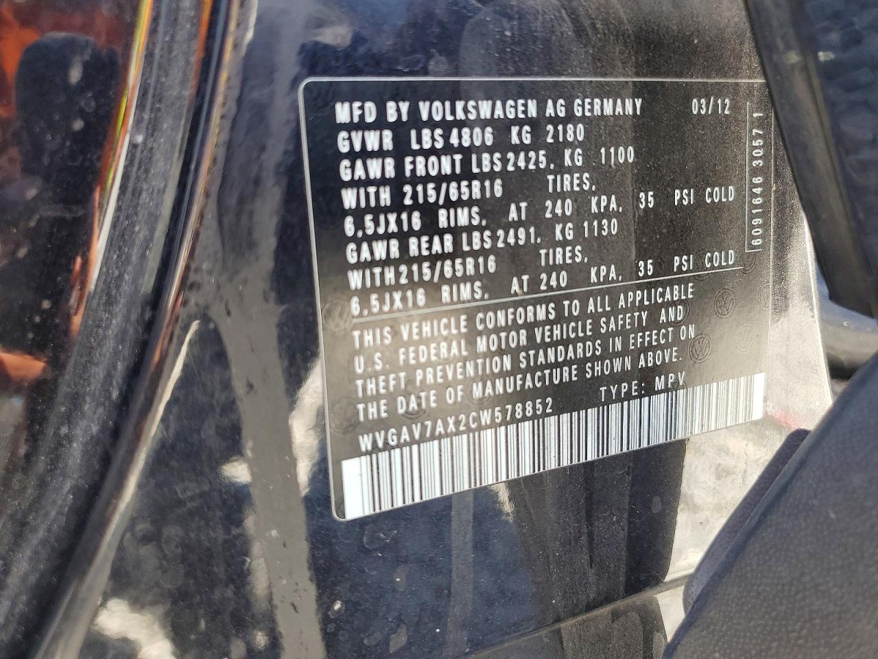 2012 Volkswagen Tiguan S Black vin: WVGAV7AX2CW578852