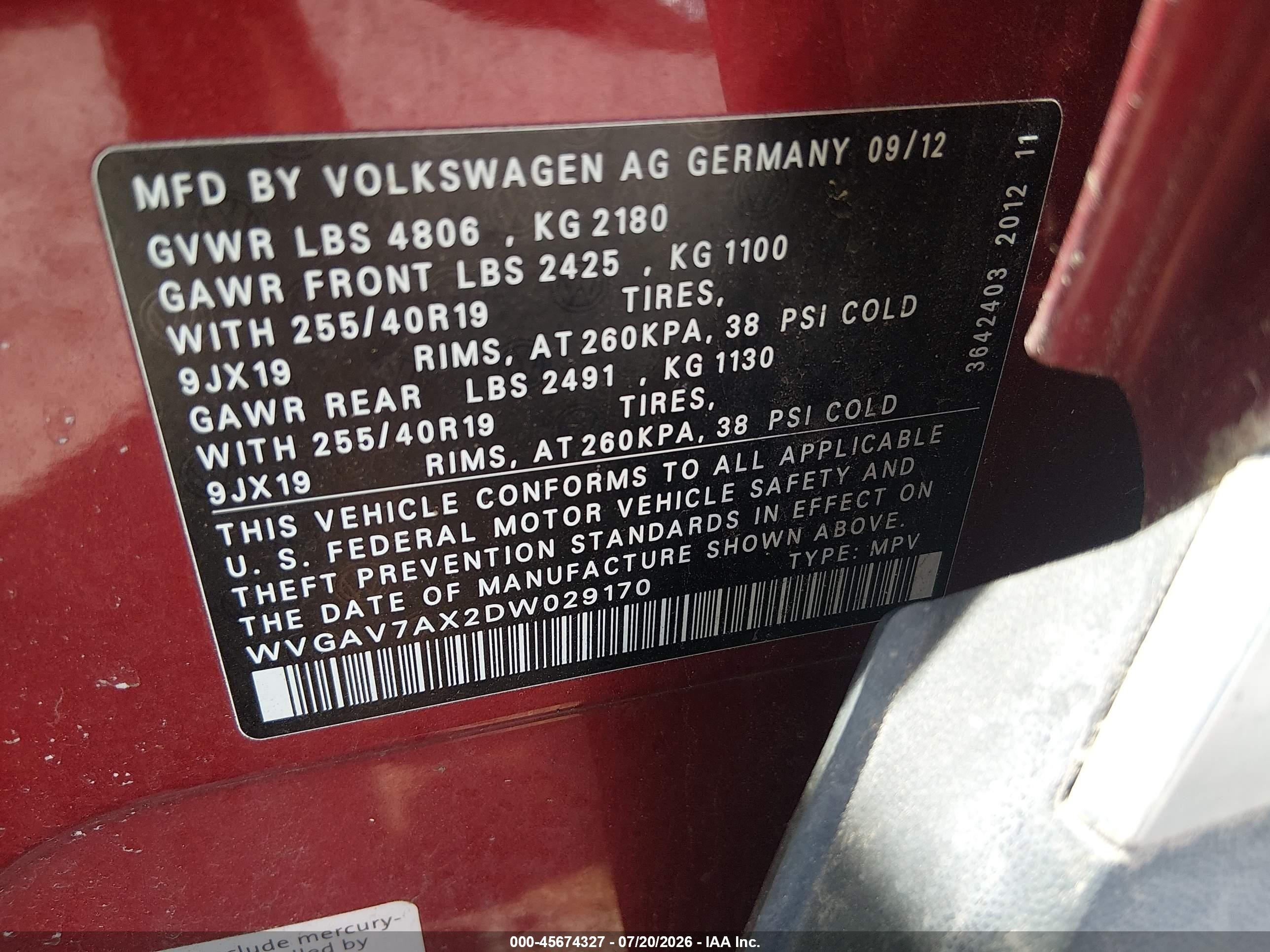2013 Volkswagen Tiguan Sel Red vin: WVGAV7AX2DW029170