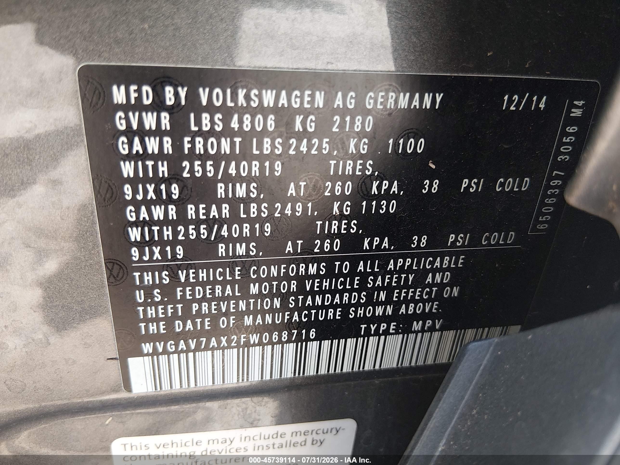 2015 Volkswagen Tiguan R-line Gray vin: WVGAV7AX2FW068716
