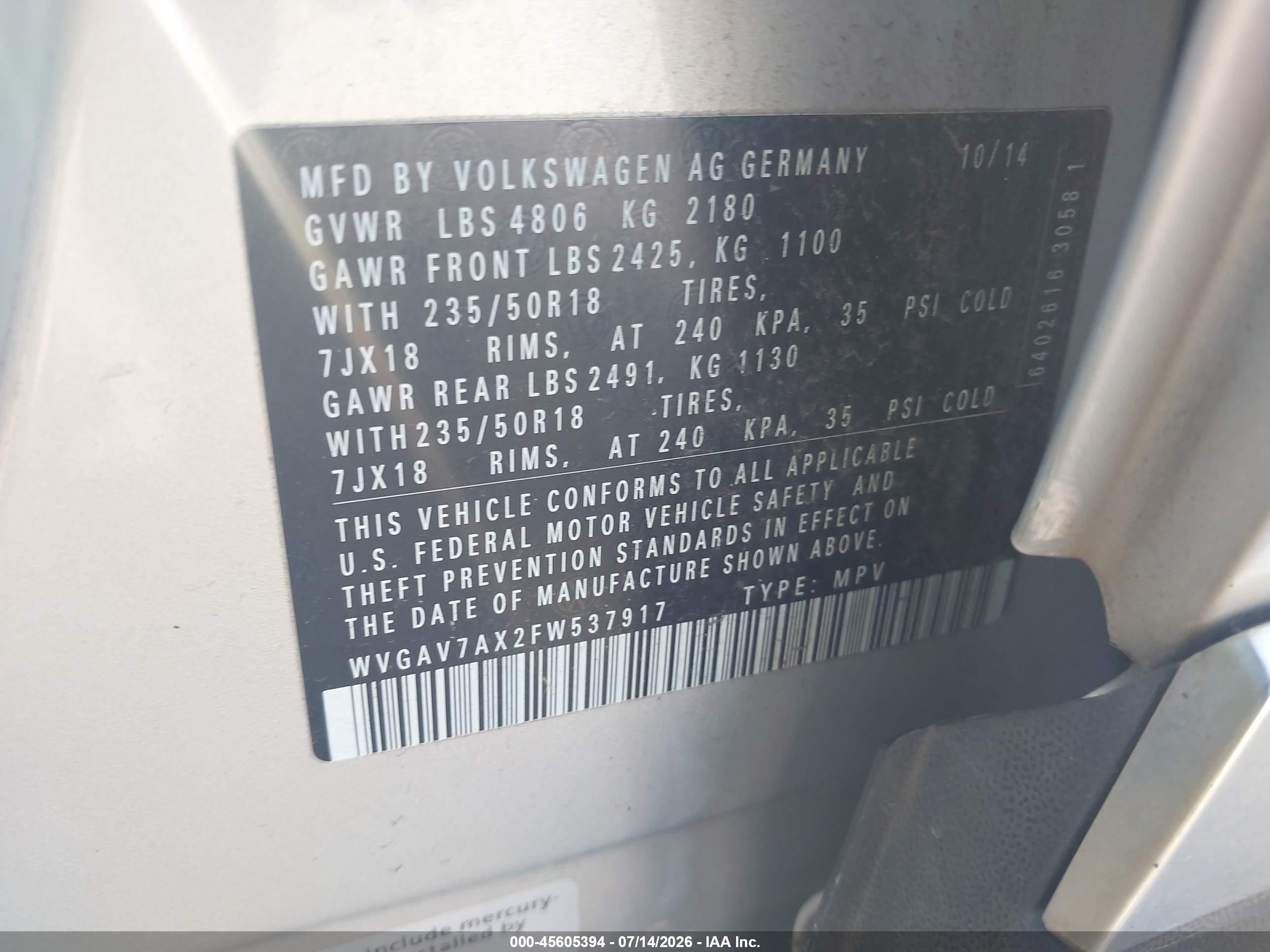 2015 Volkswagen Tiguan Sel Gold vin: WVGAV7AX2FW537917