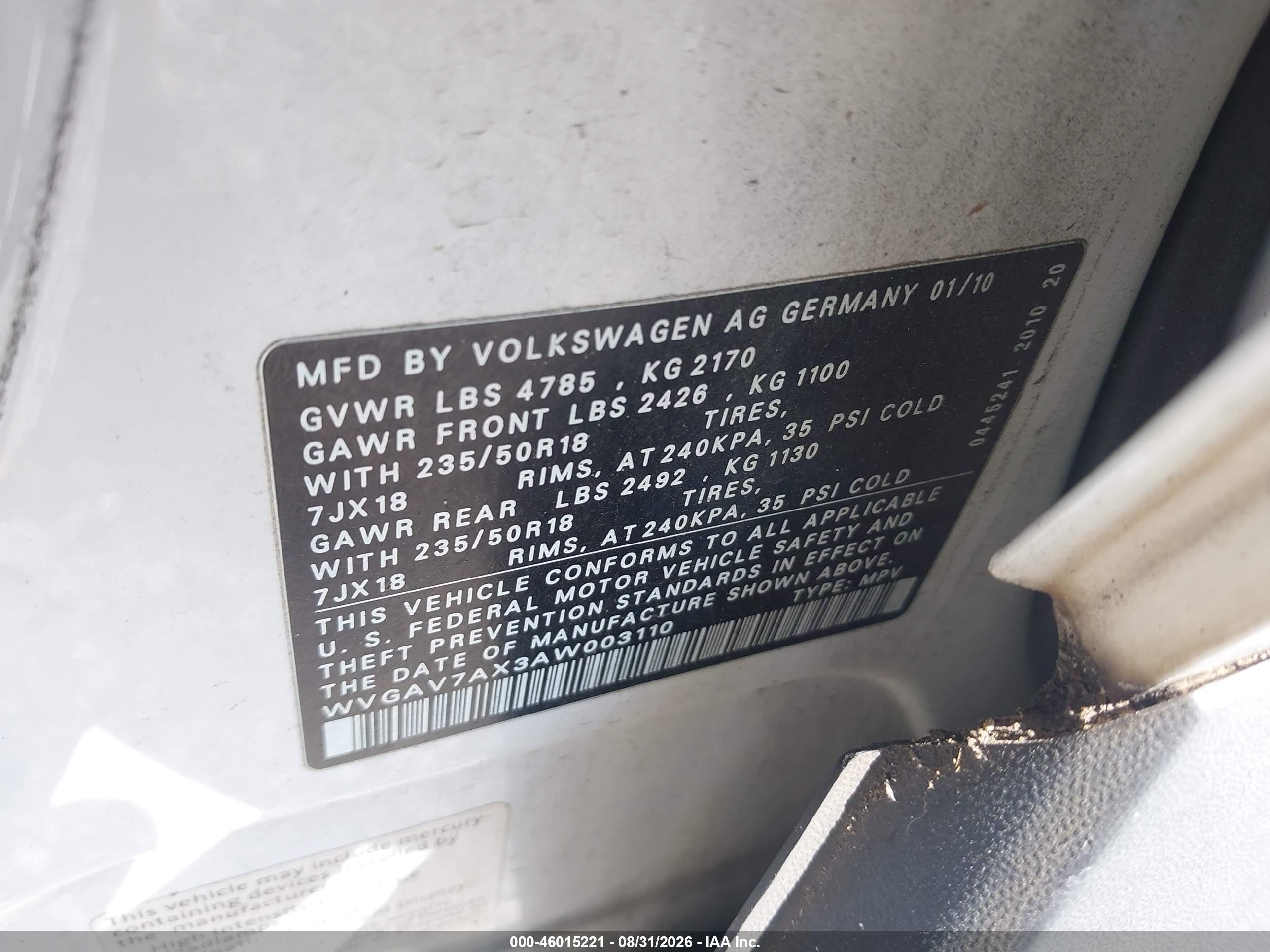 2010 Volkswagen Tiguan Wolfsburg Edition White vin: WVGAV7AX3AW003110
