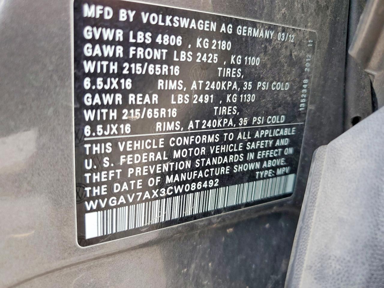2012 Volkswagen Tiguan S Gray vin: WVGAV7AX3CW086492