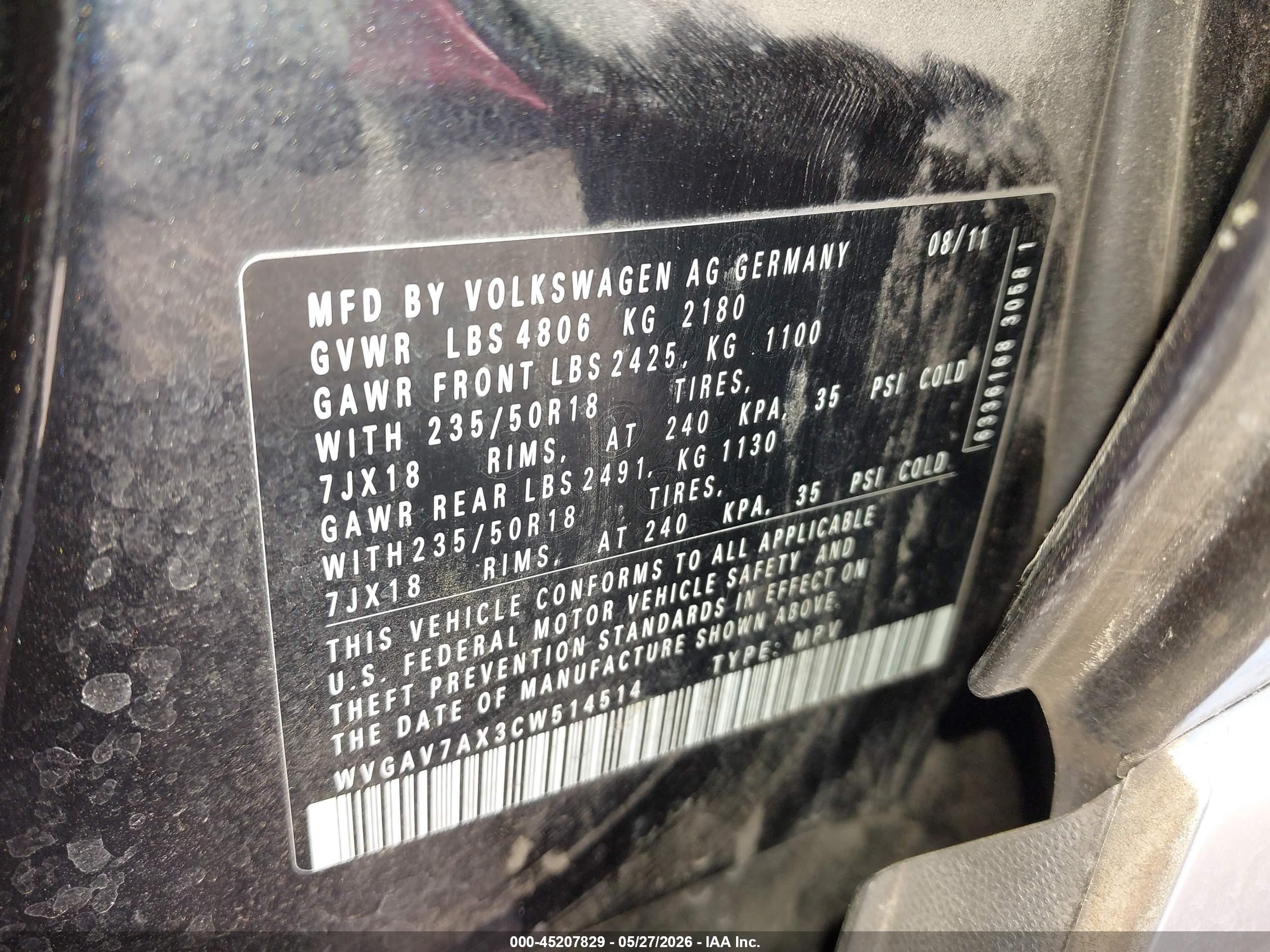 2012 Volkswagen Tiguan Le/s/se/sel Black vin: WVGAV7AX3CW514514