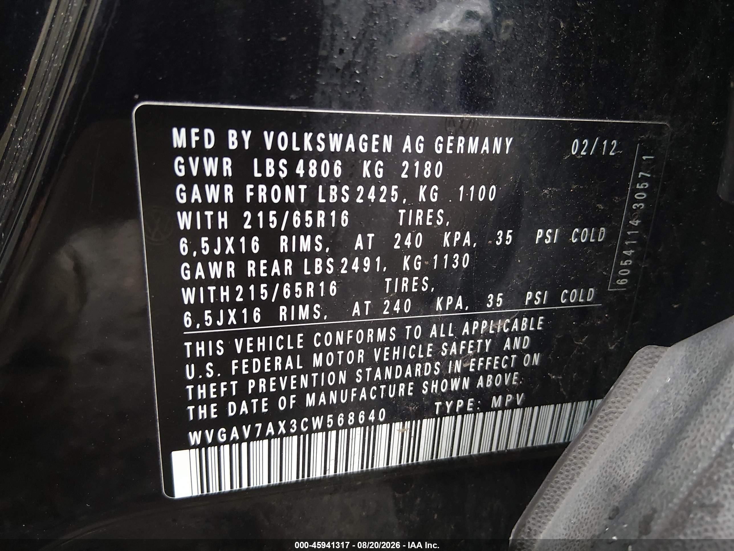 2012 Volkswagen Tiguan Le Black vin: WVGAV7AX3CW568640
