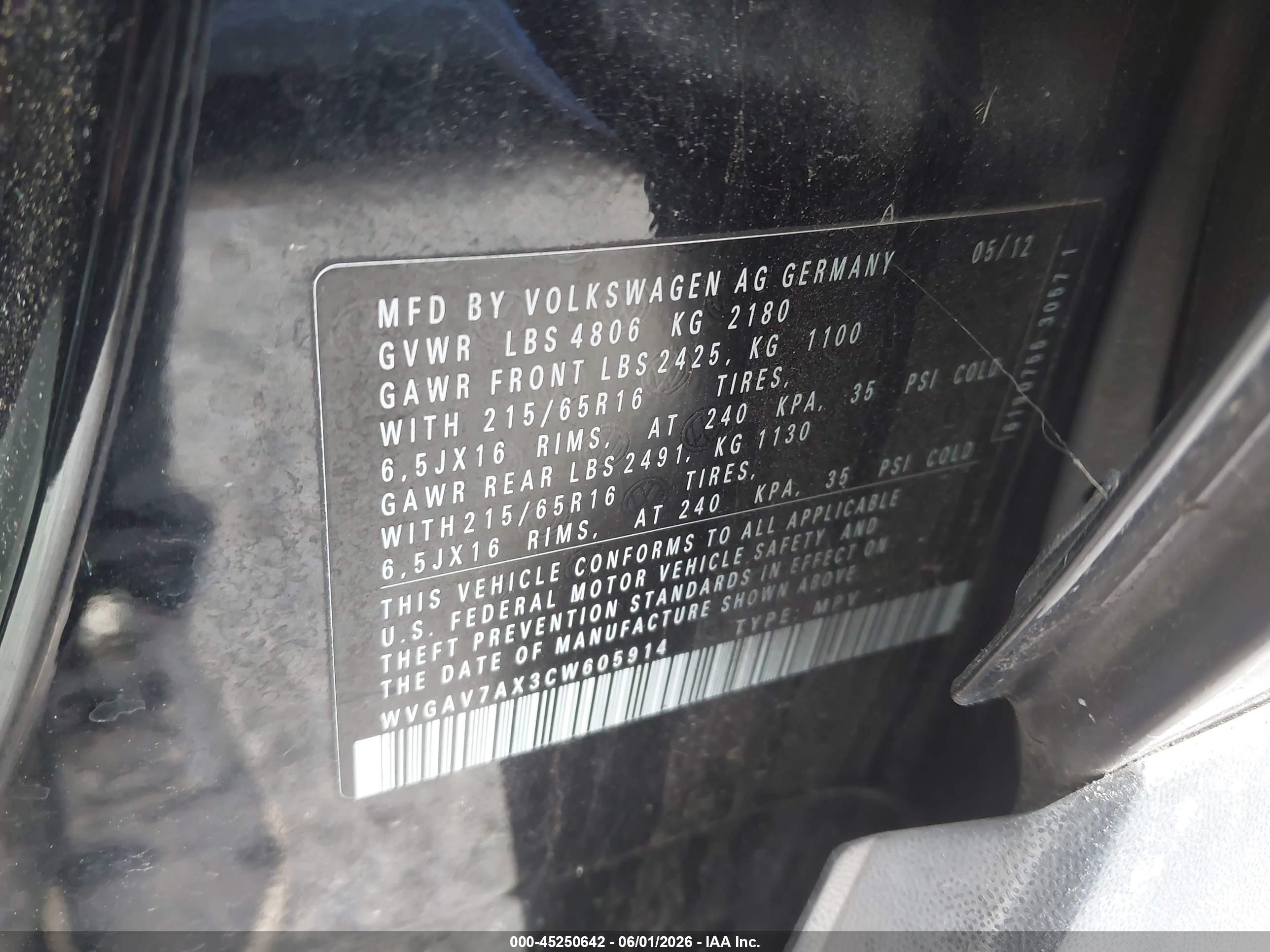2012 Volkswagen Tiguan S Черный vin: WVGAV7AX3CW605914