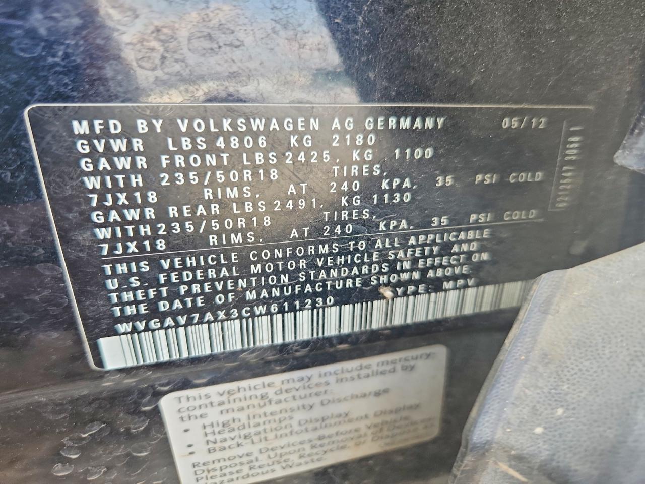 2012 Volkswagen Tiguan S Black vin: WVGAV7AX3CW611230