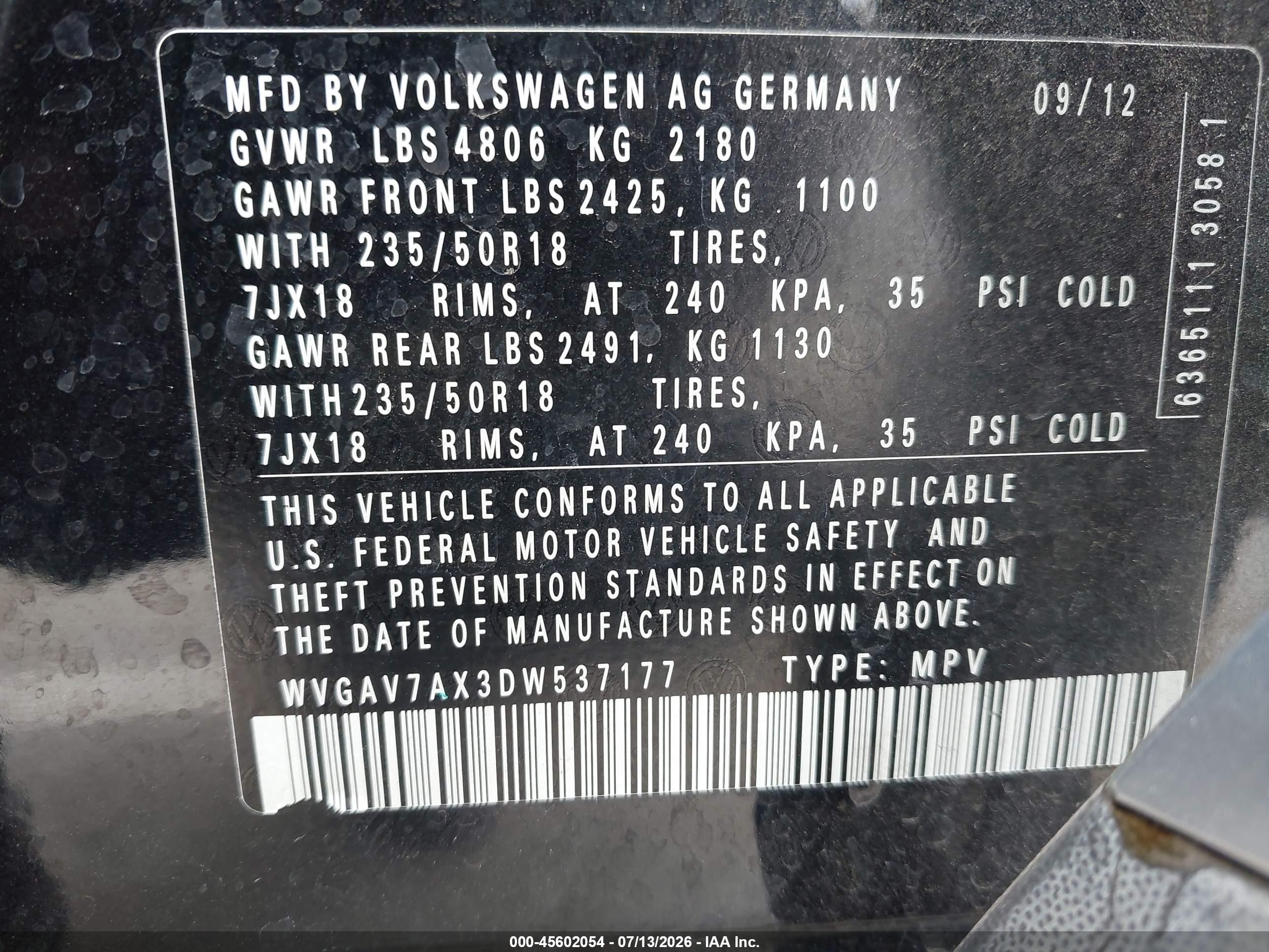 2013 Volkswagen Tiguan Se Black vin: WVGAV7AX3DW537177