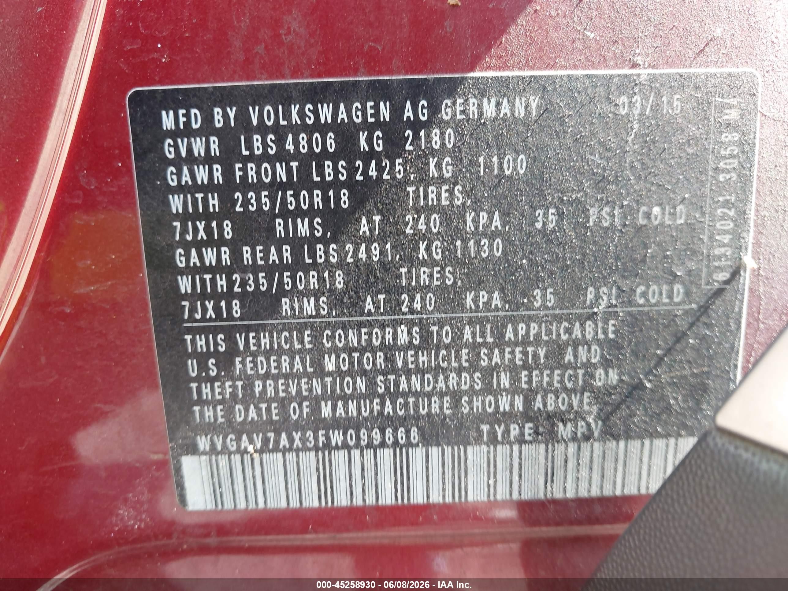 2015 Volkswagen Tiguan Se Red vin: WVGAV7AX3FW099666