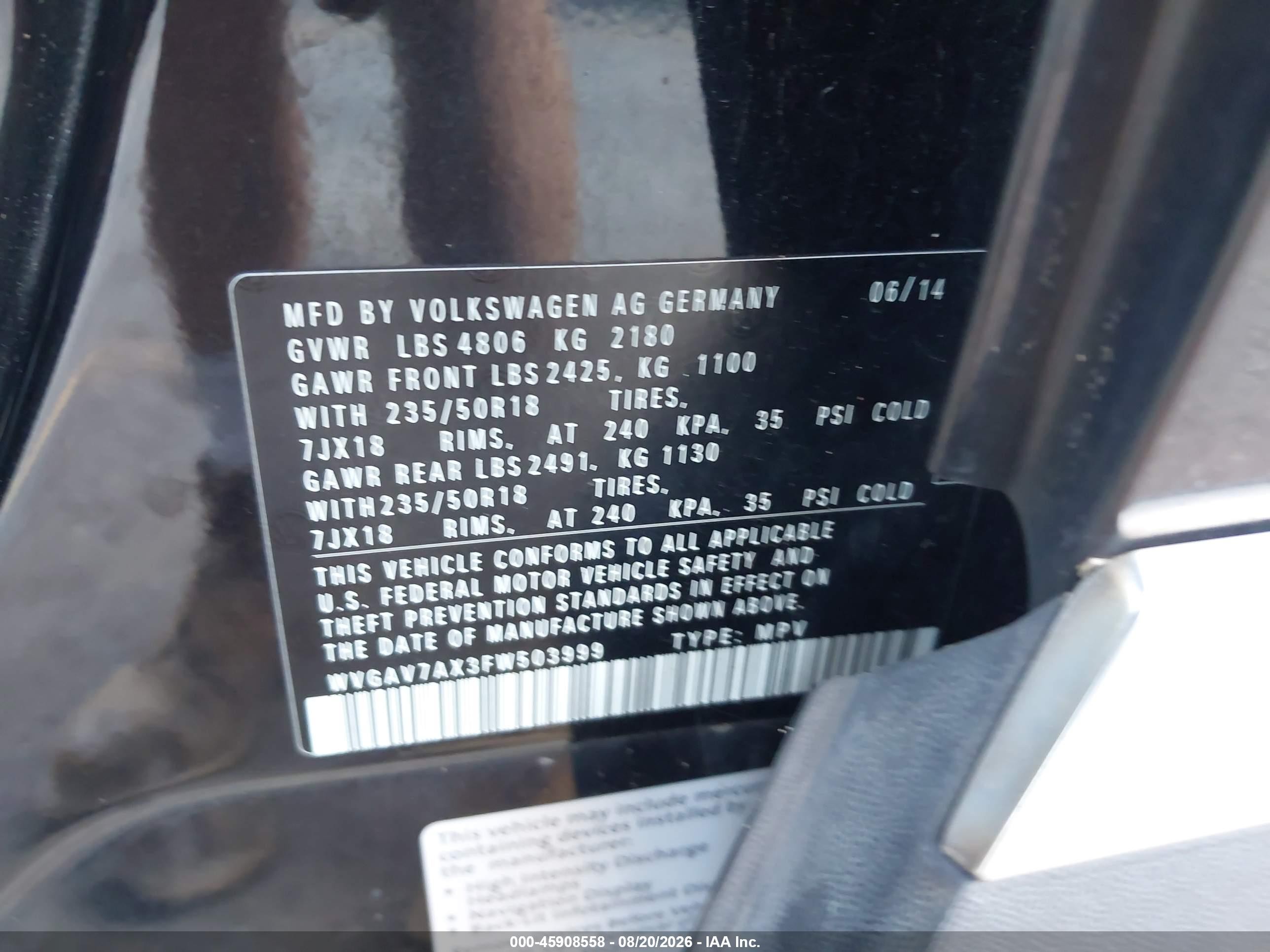 2015 Volkswagen Tiguan Sel Black vin: WVGAV7AX3FW503999
