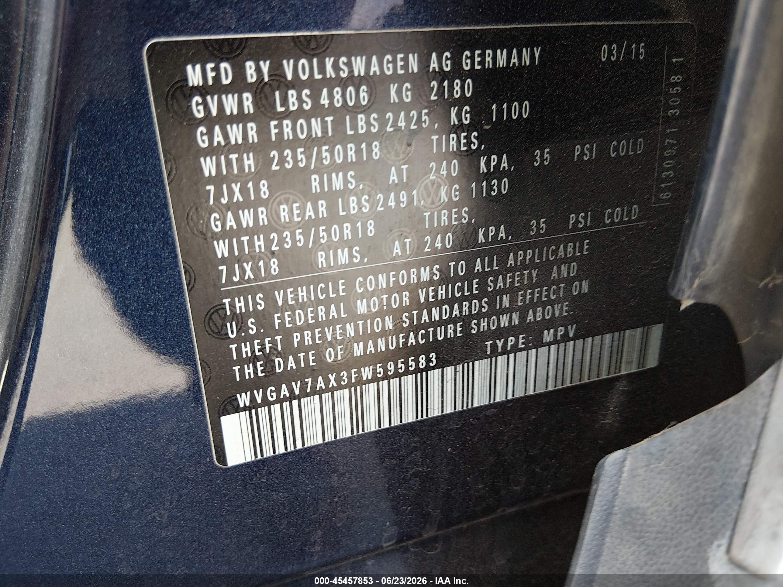 2015 Volkswagen Tiguan Se Blue vin: WVGAV7AX3FW595583