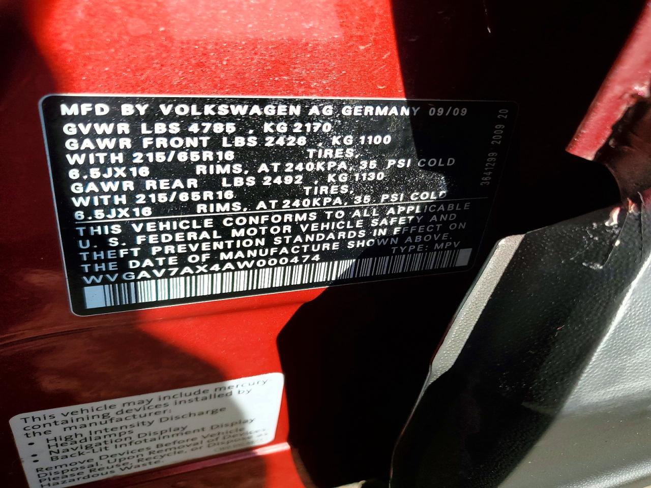 2010 Volkswagen Tiguan S/se/sel Burgundy vin: WVGAV7AX4AW000474