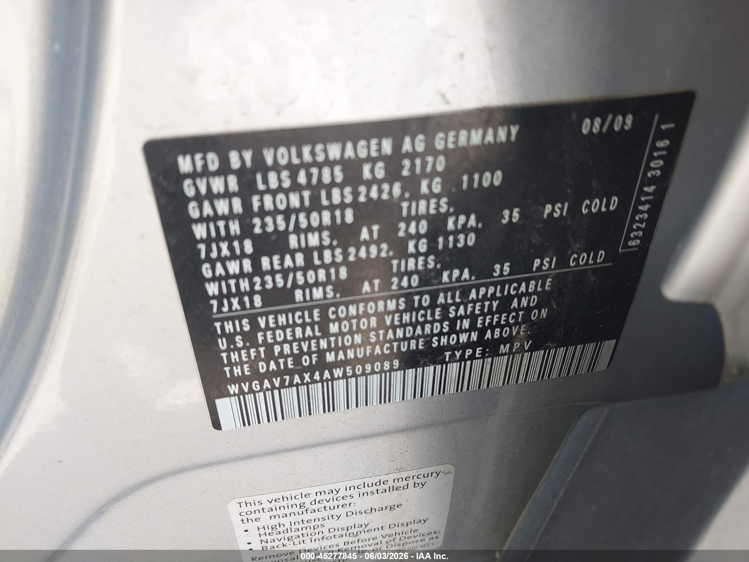 2010 Volkswagen Tiguan Se Gray vin: WVGAV7AX4AW509089