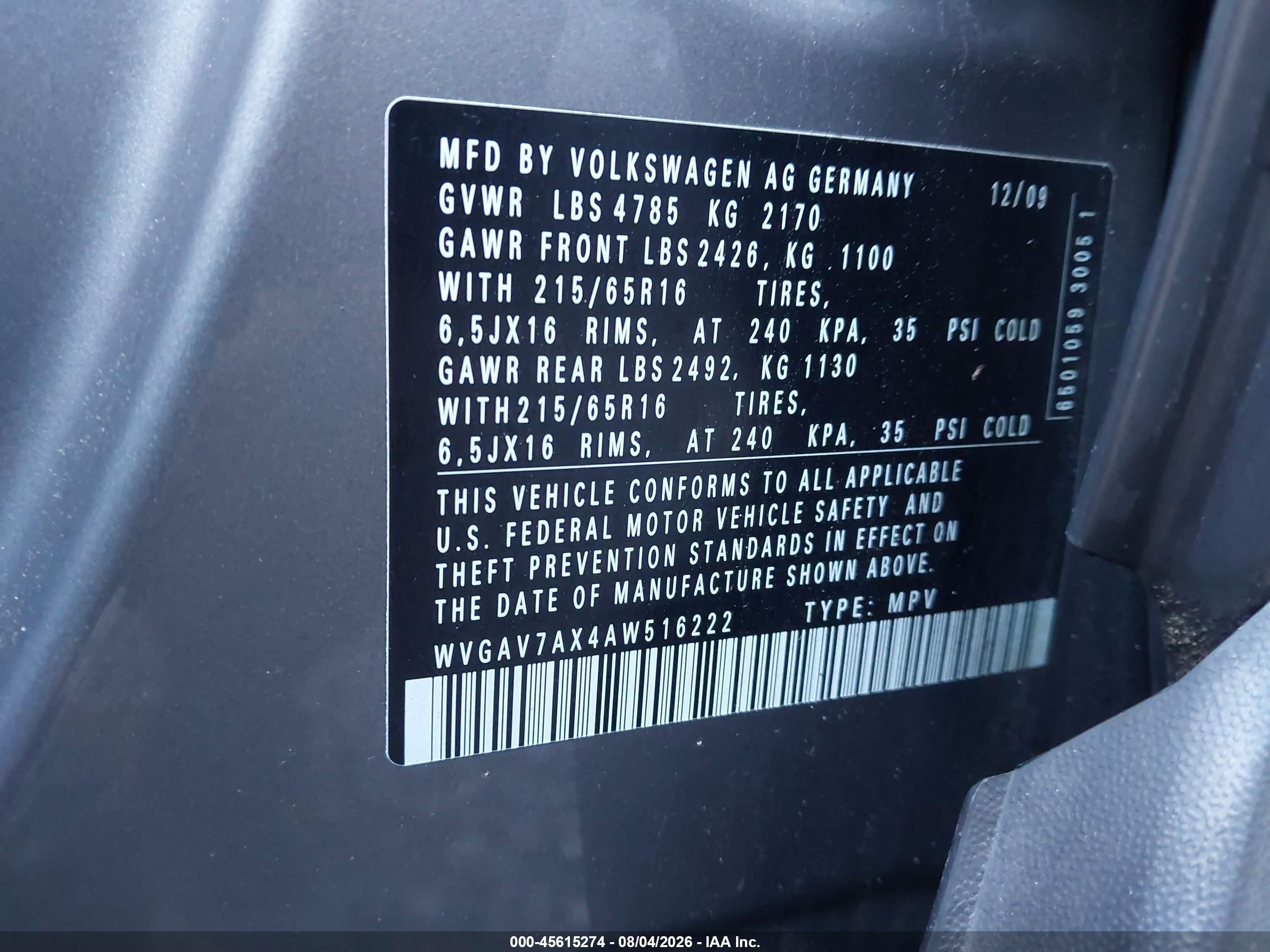2010 Volkswagen Tiguan S Gray vin: WVGAV7AX4AW516222