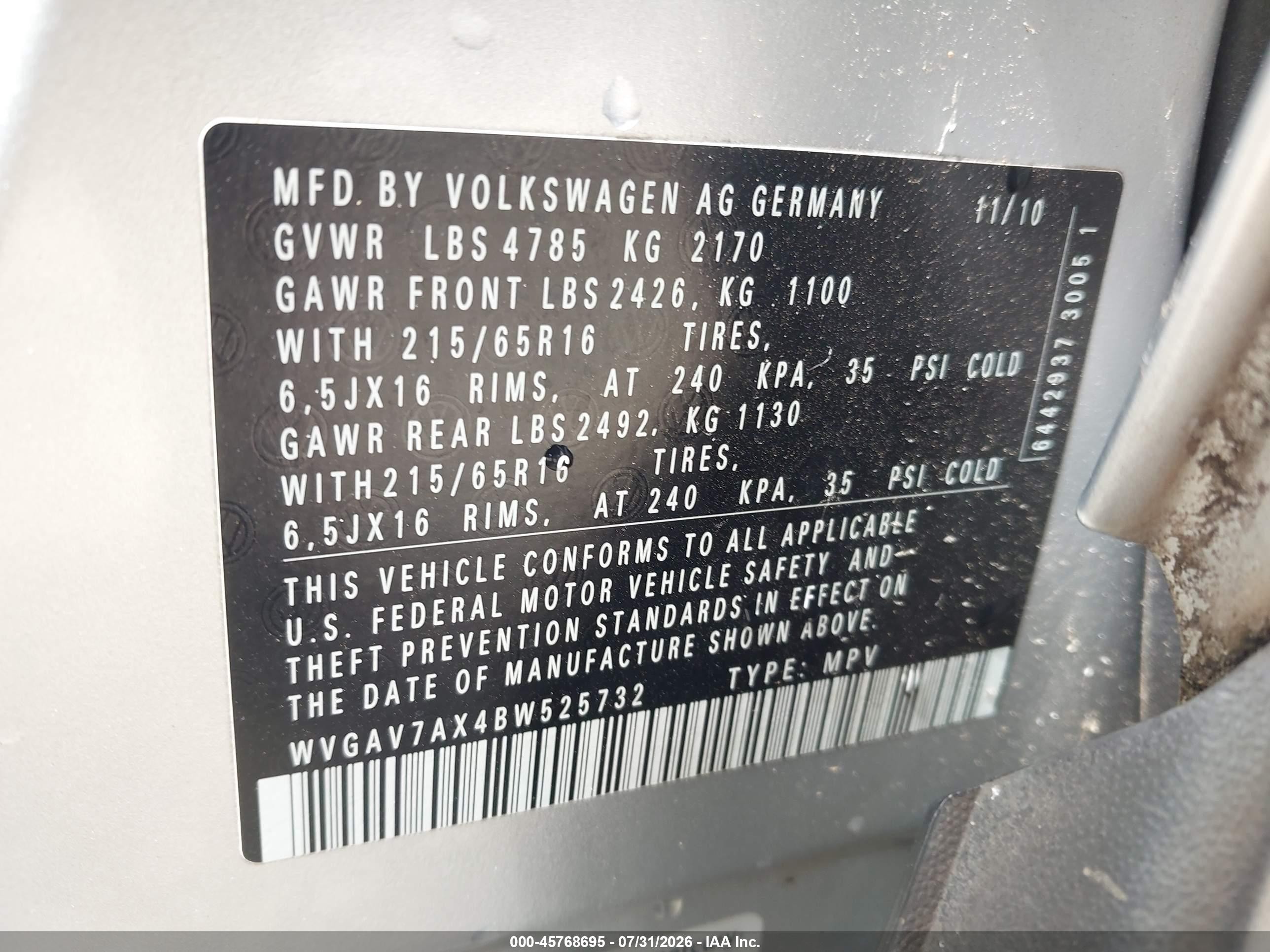 2011 Volkswagen Tiguan S Gray vin: WVGAV7AX4BW525732