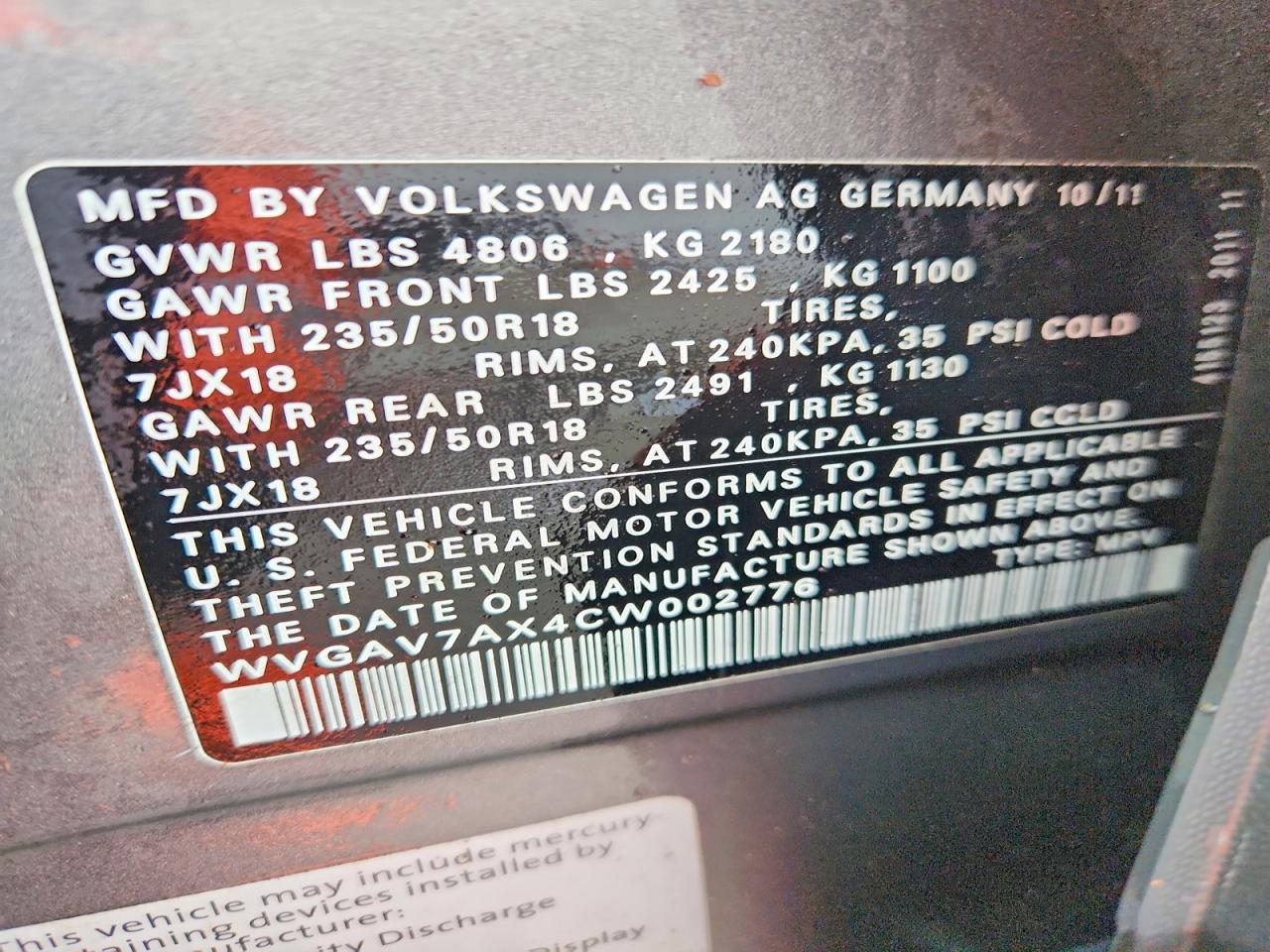 2012 Volkswagen Tiguan S Серый vin: WVGAV7AX4CW002776