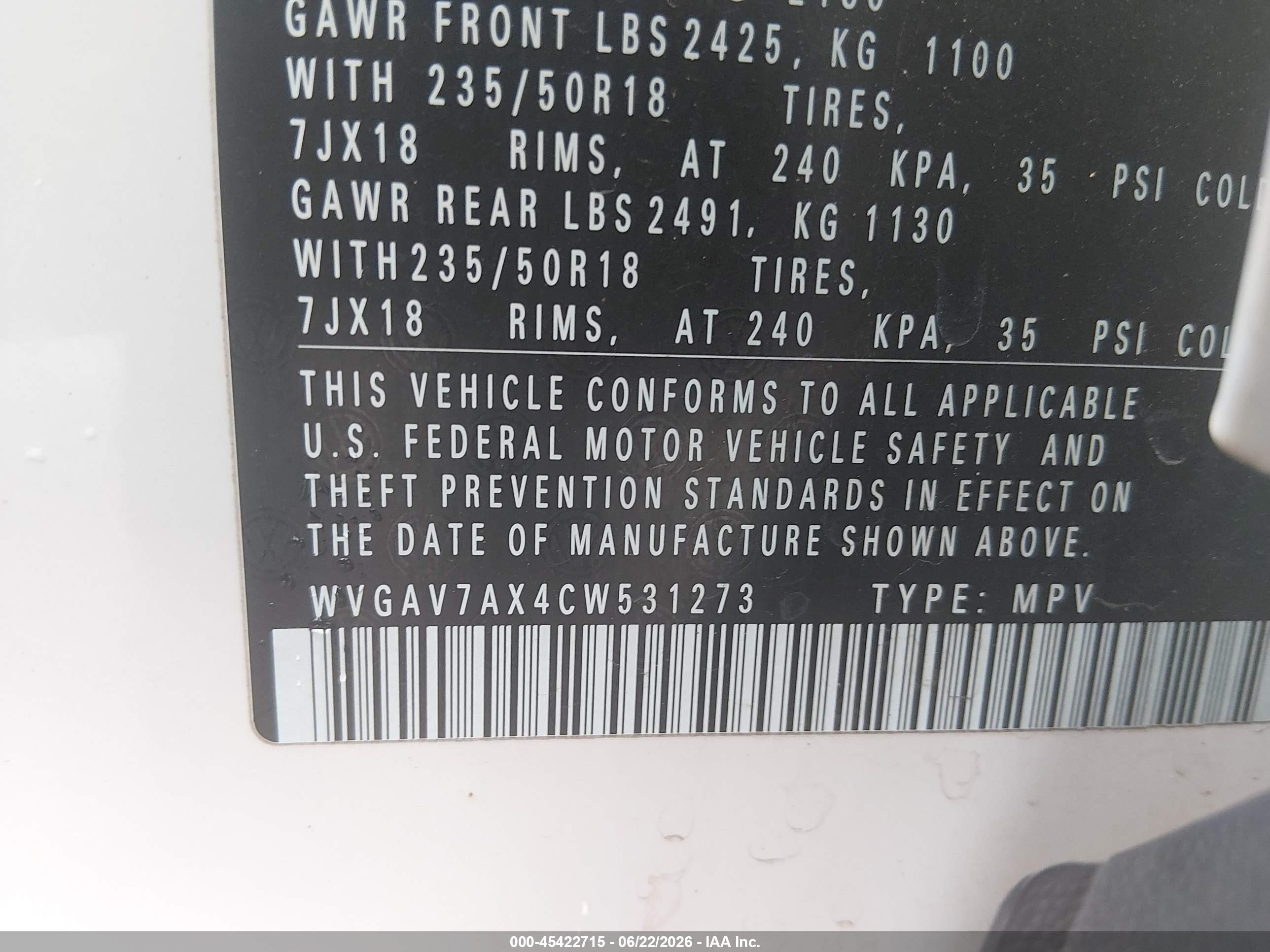 2012 Volkswagen Tiguan Le/s/se/sel White vin: WVGAV7AX4CW531273