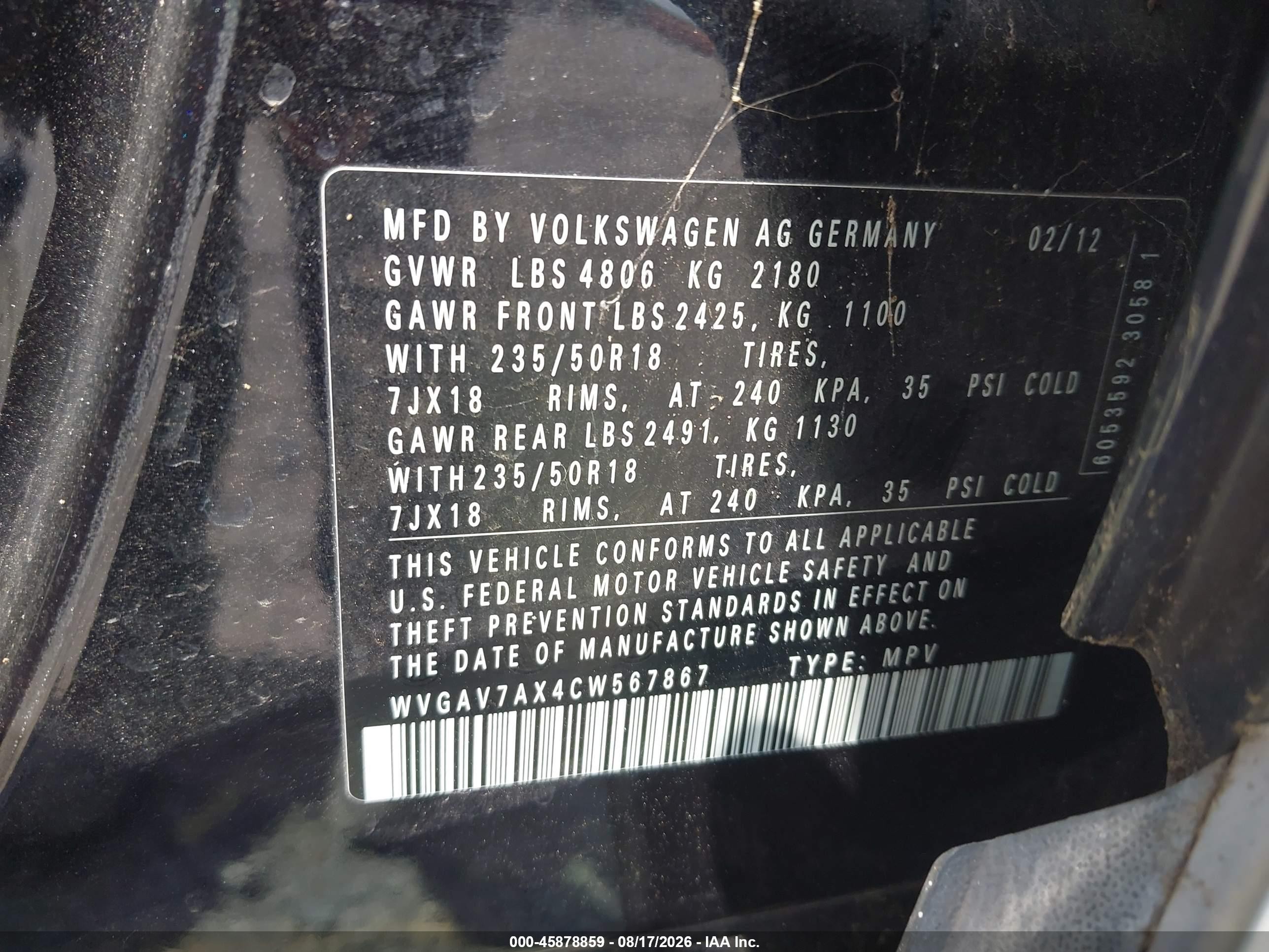 2012 Volkswagen Tiguan Se Black vin: WVGAV7AX4CW567867