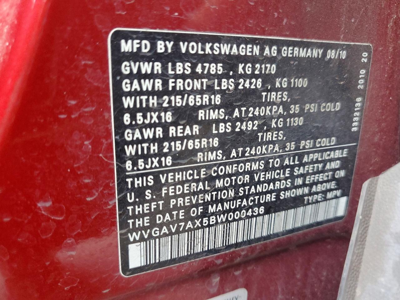 2011 Volkswagen Tiguan S Red vin: WVGAV7AX5BW000436