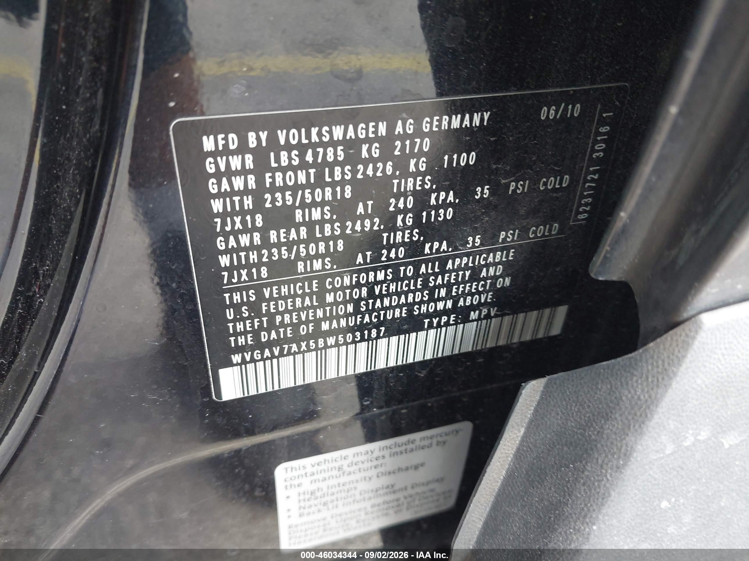 2011 Volkswagen Tiguan Se Black vin: WVGAV7AX5BW503187