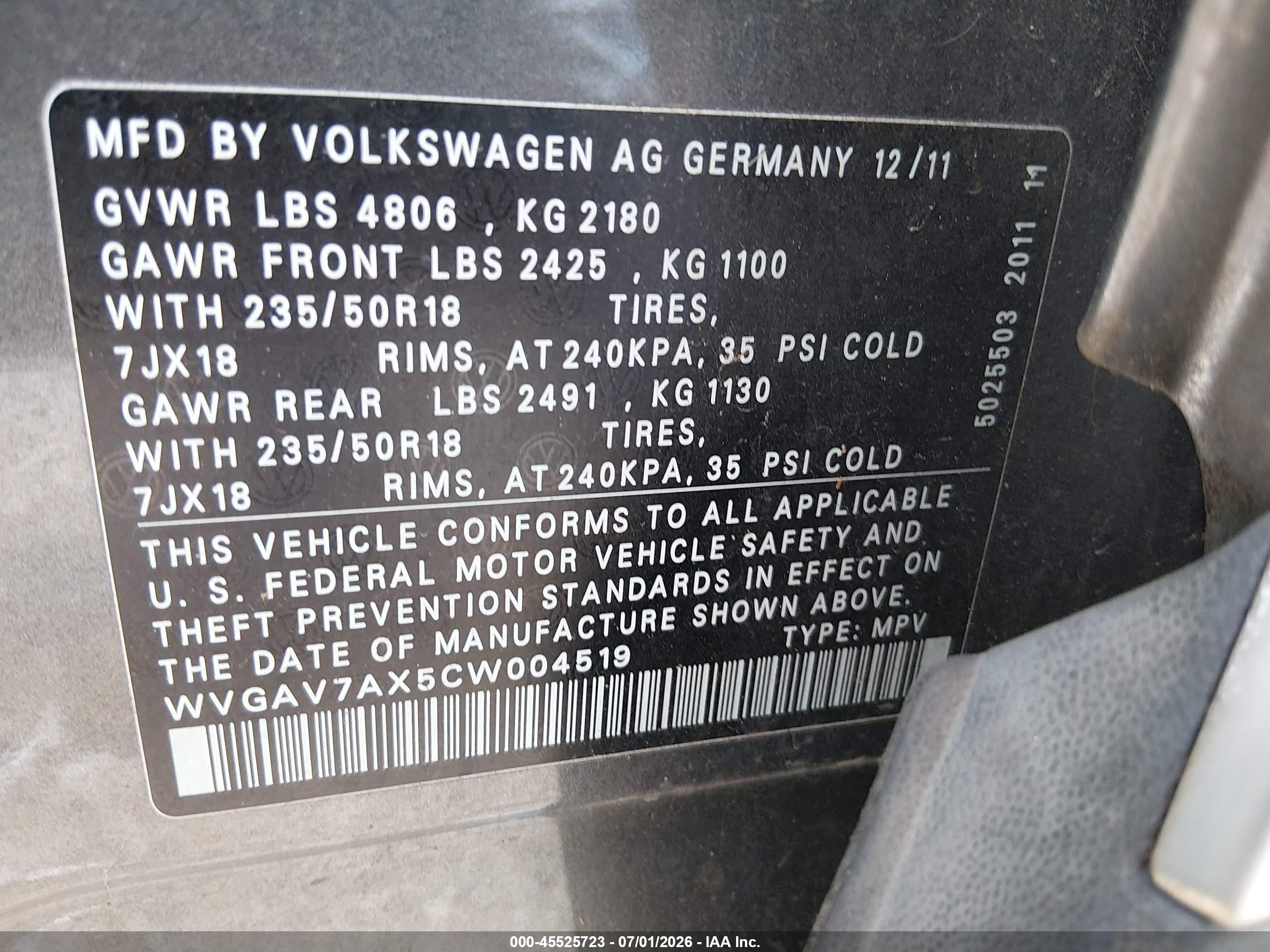 2012 Volkswagen Tiguan Se Gray vin: WVGAV7AX5CW004519