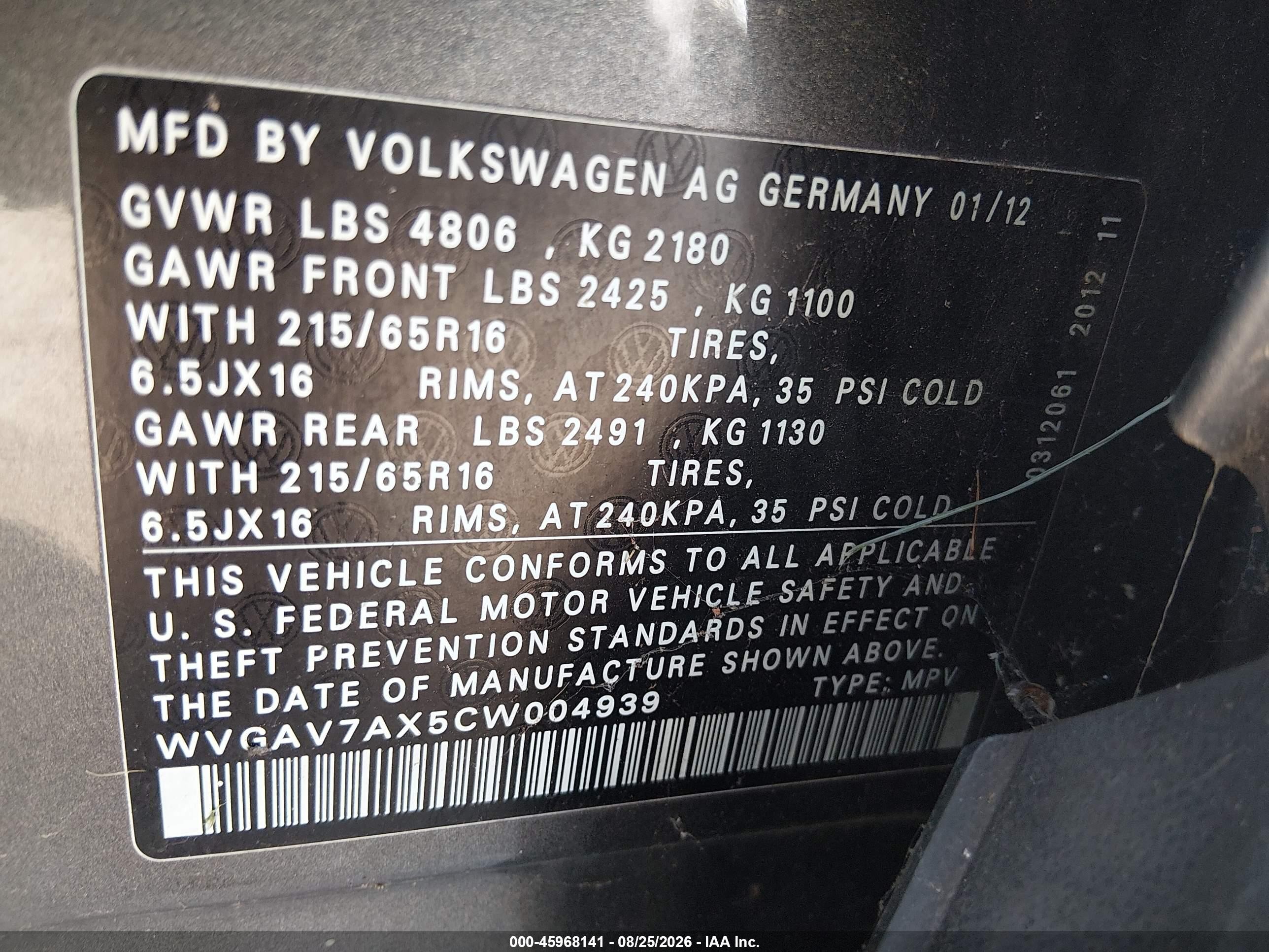 2012 Volkswagen Tiguan Le Gray vin: WVGAV7AX5CW004939
