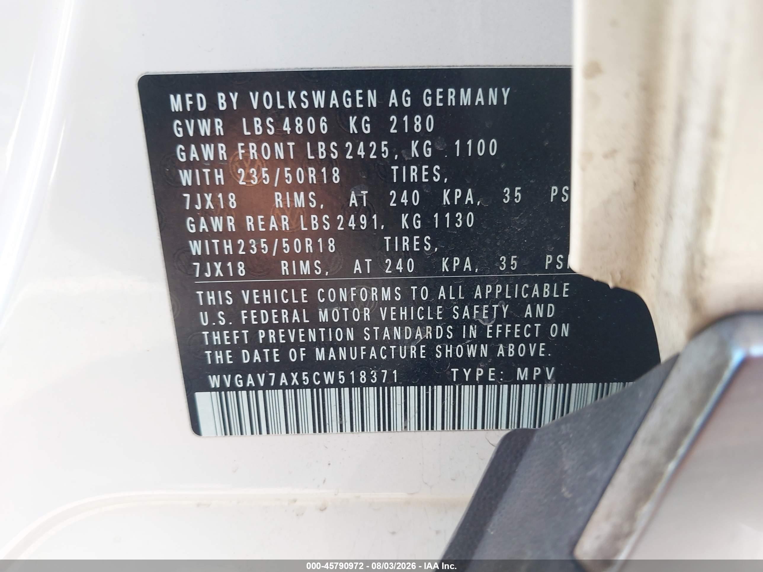 2012 Volkswagen Tiguan Se Белый vin: WVGAV7AX5CW518371
