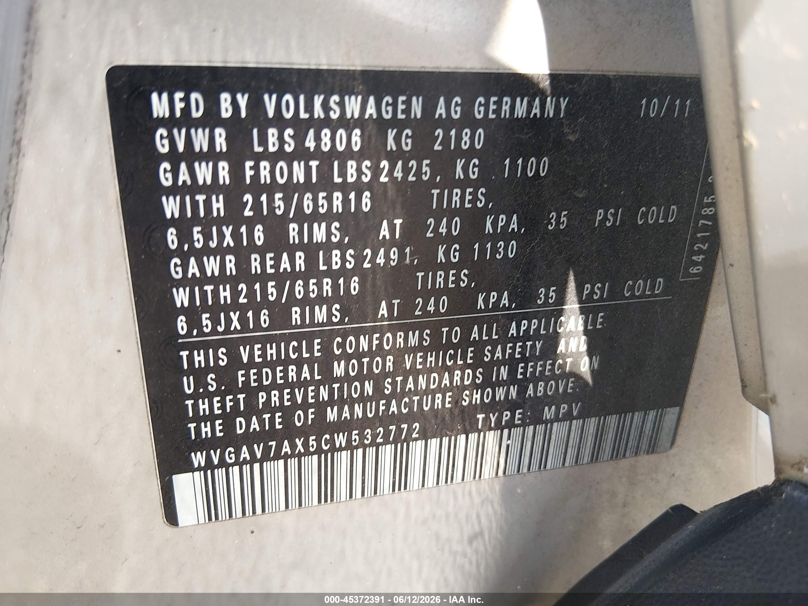 2012 Volkswagen Tiguan S Серебряный vin: WVGAV7AX5CW532772