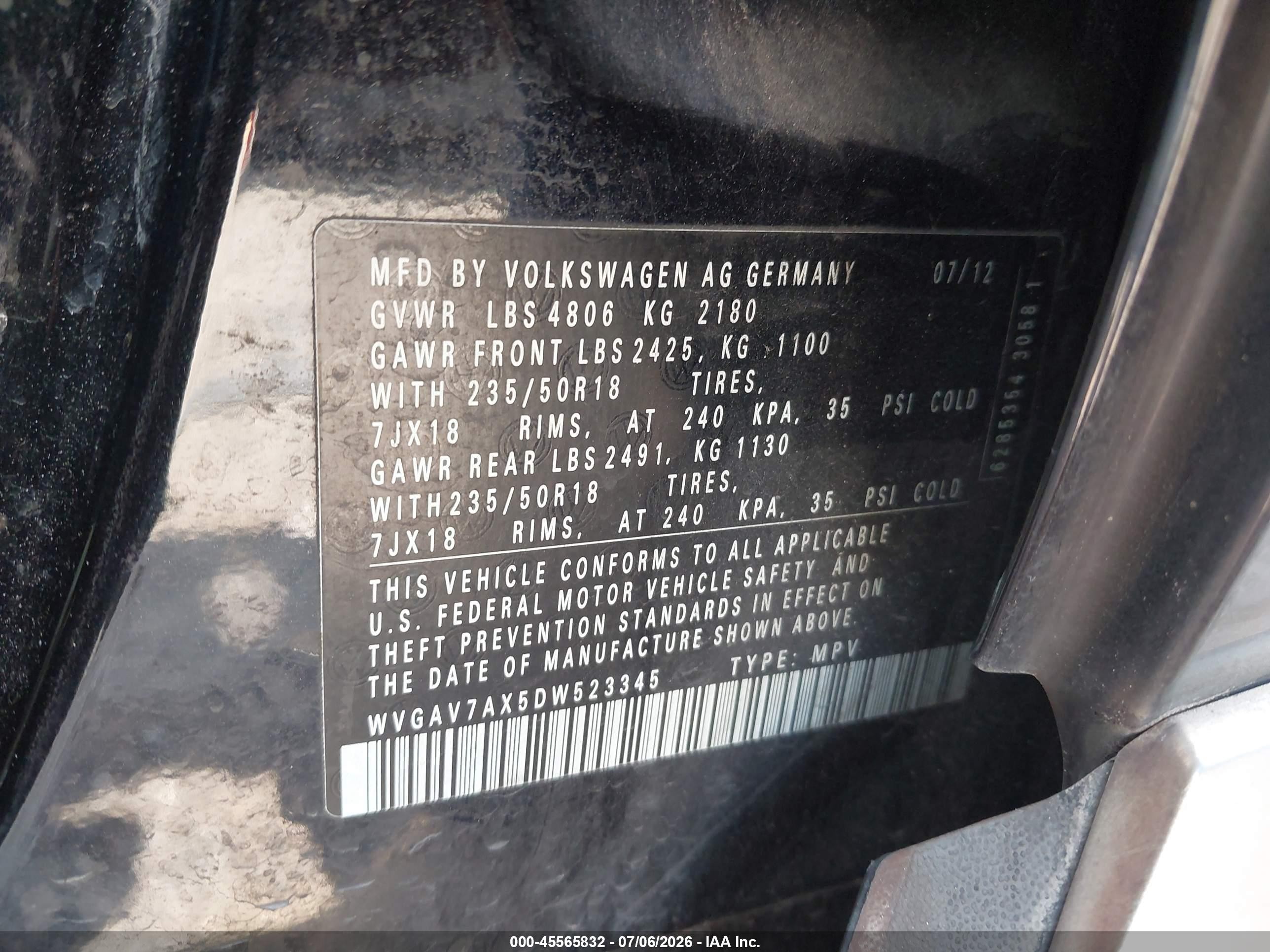 2013 Volkswagen Tiguan Se Black vin: WVGAV7AX5DW523345
