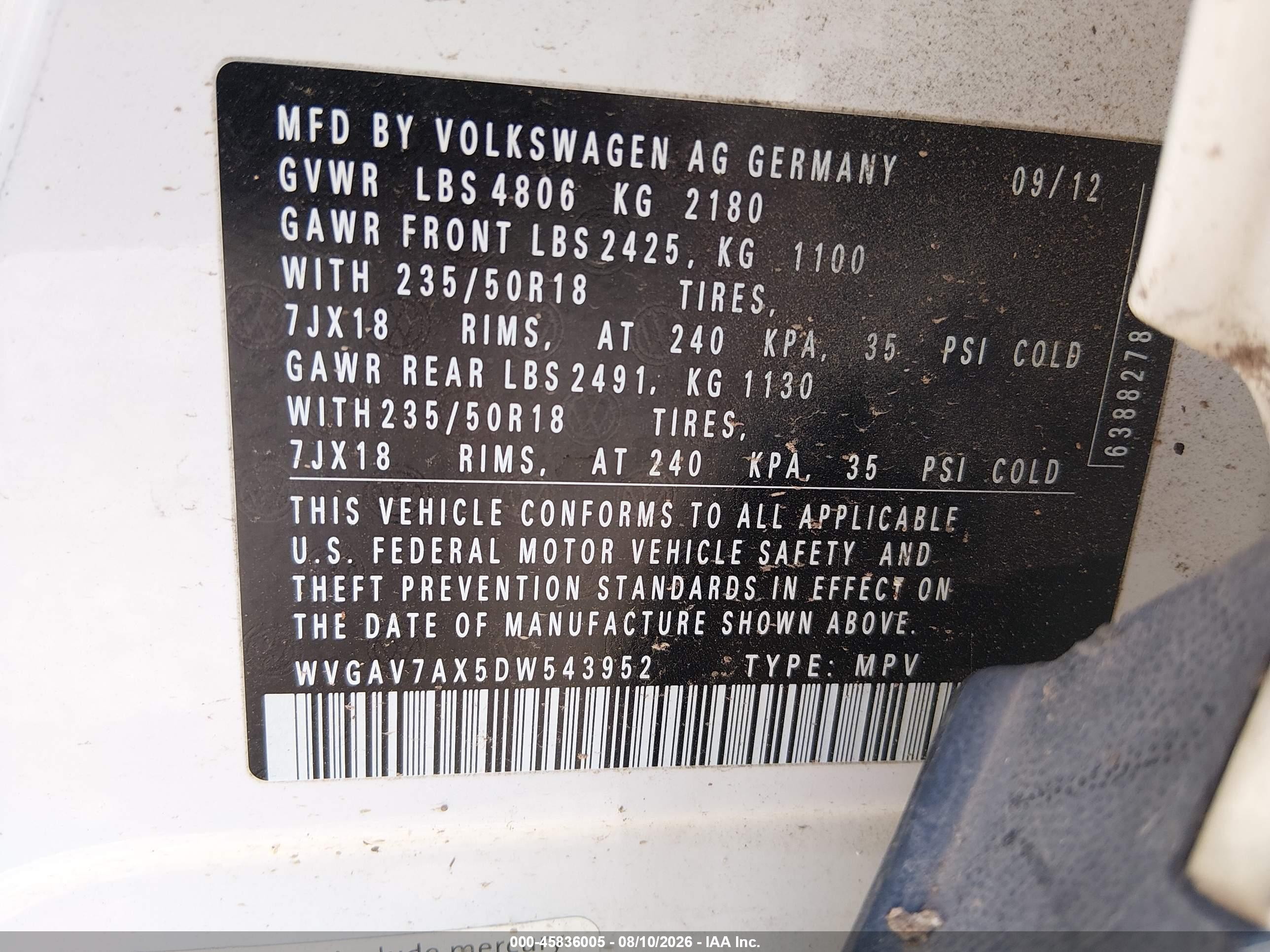 2013 Volkswagen Tiguan Se White vin: WVGAV7AX5DW543952